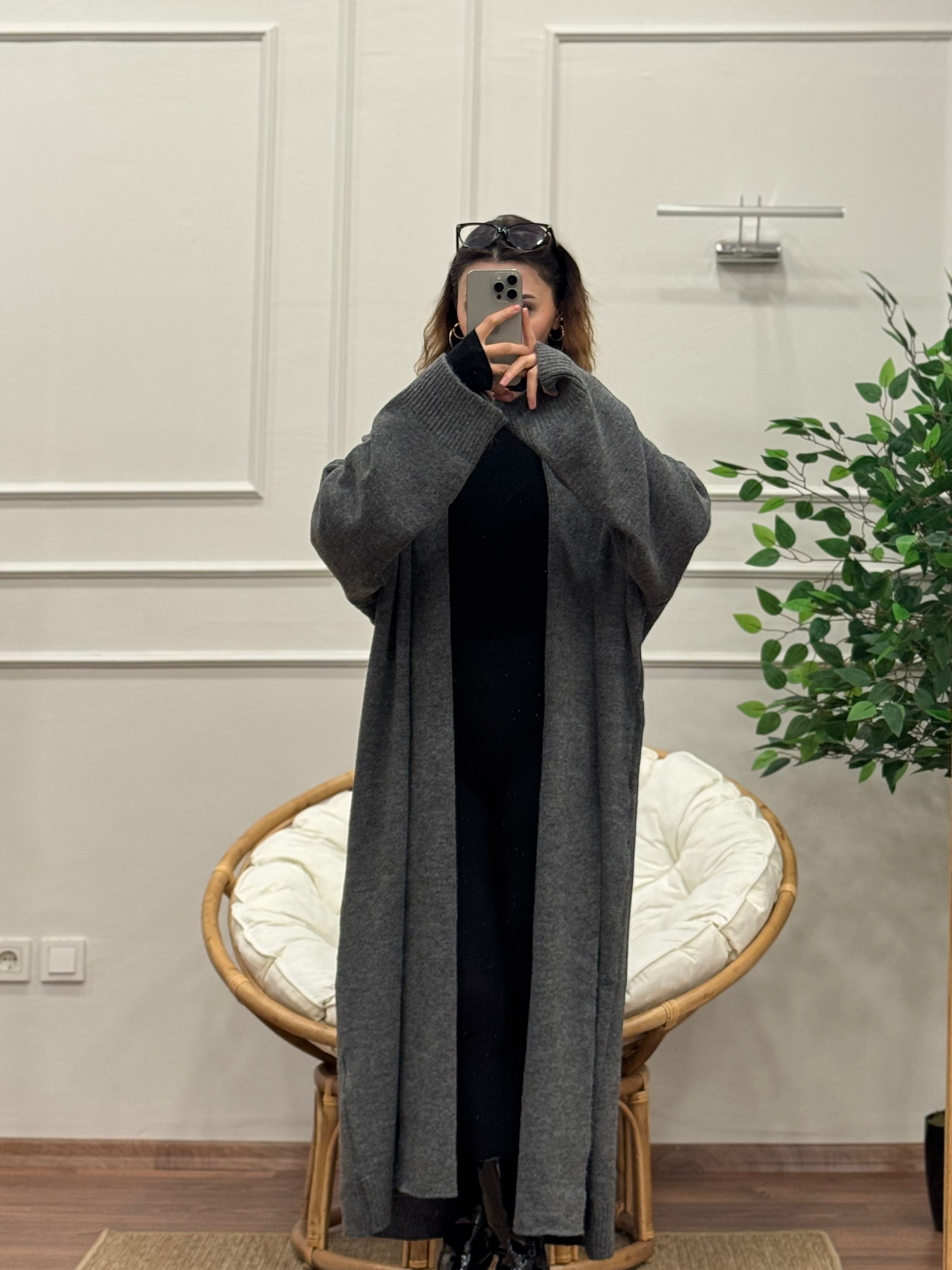 Şal Yaka Oversize Gri Uzun Hırka