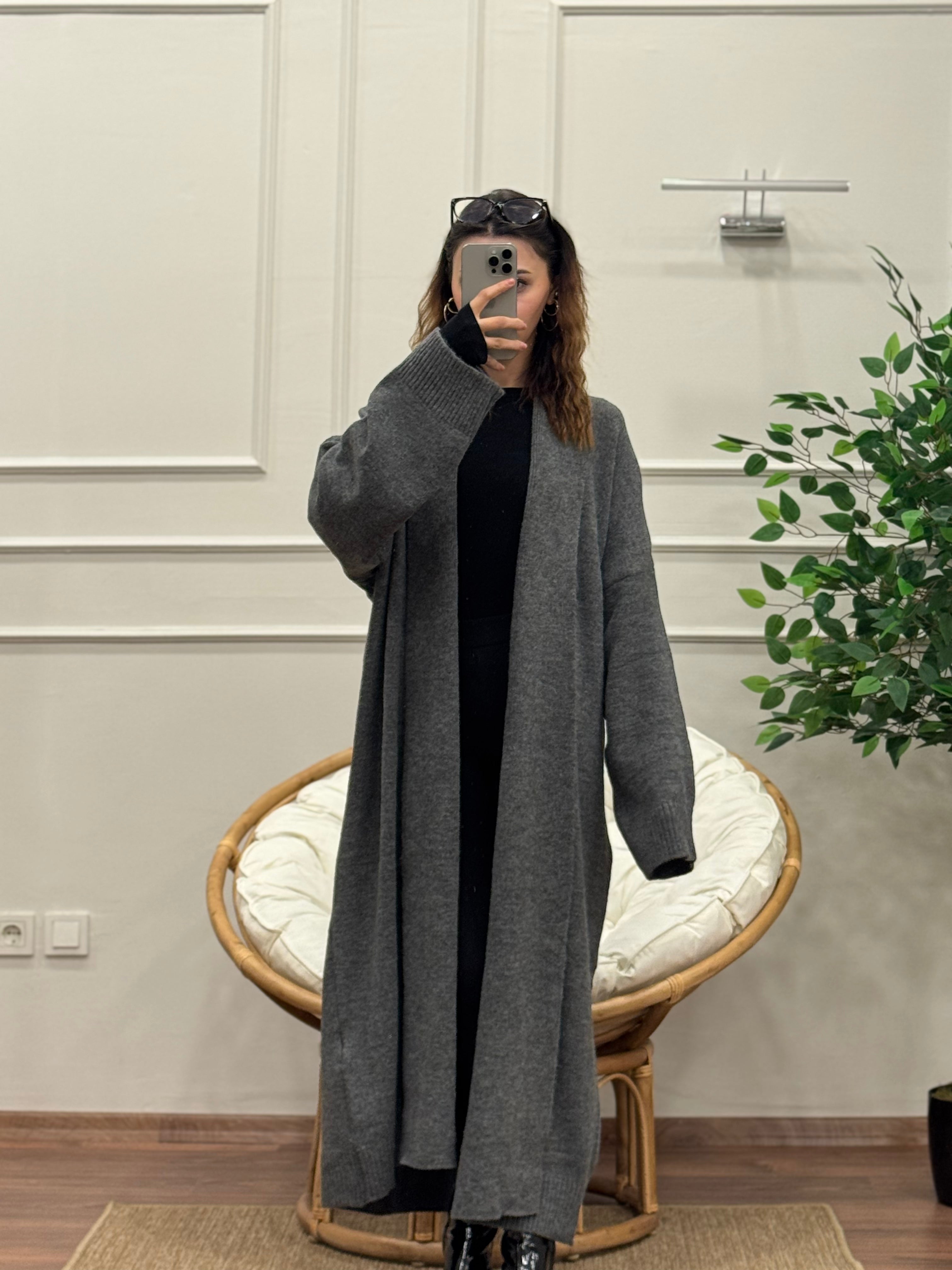 Şal Yaka Oversize Gri Uzun Hırka