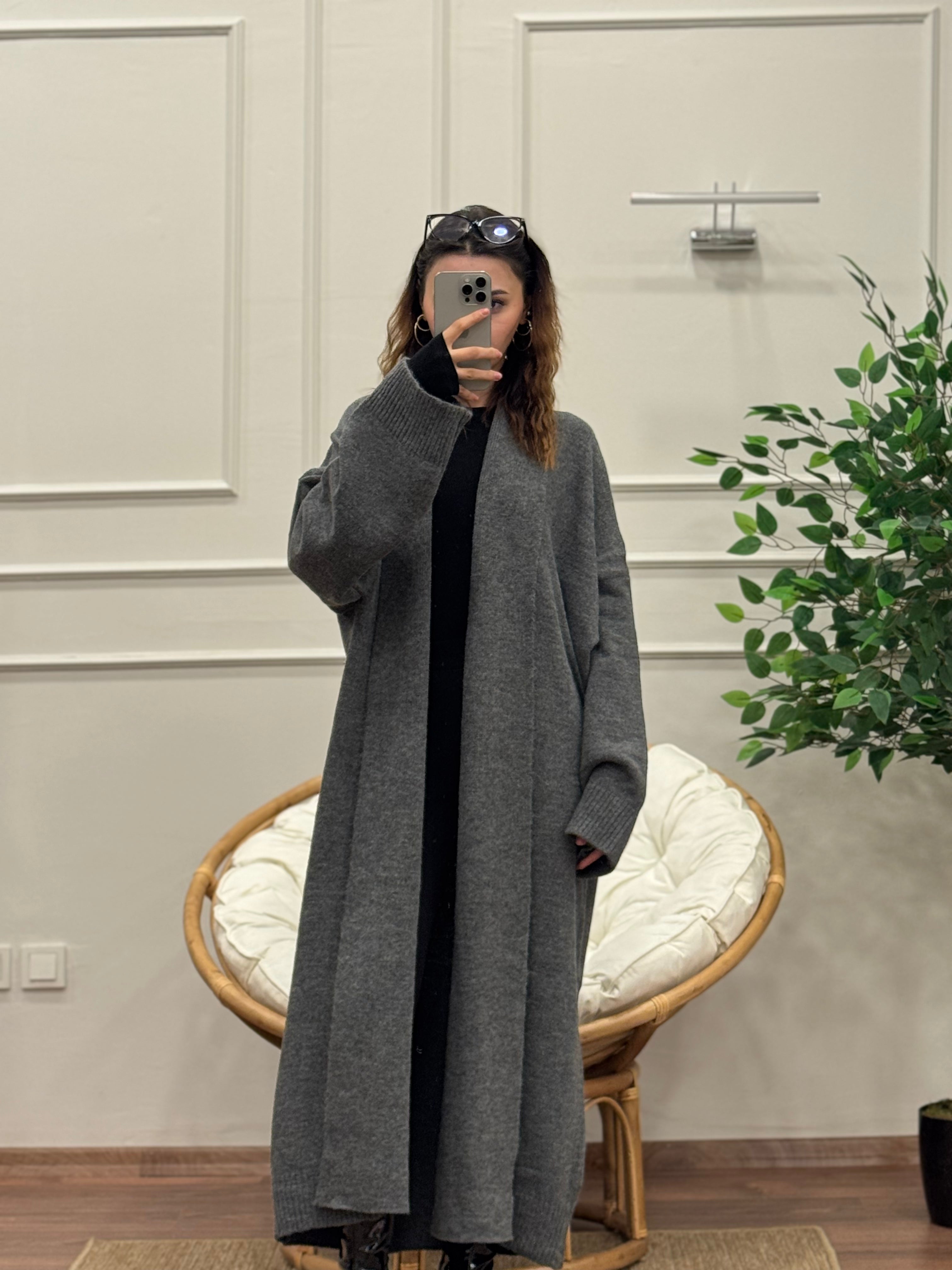 Şal Yaka Oversize Gri Uzun Hırka