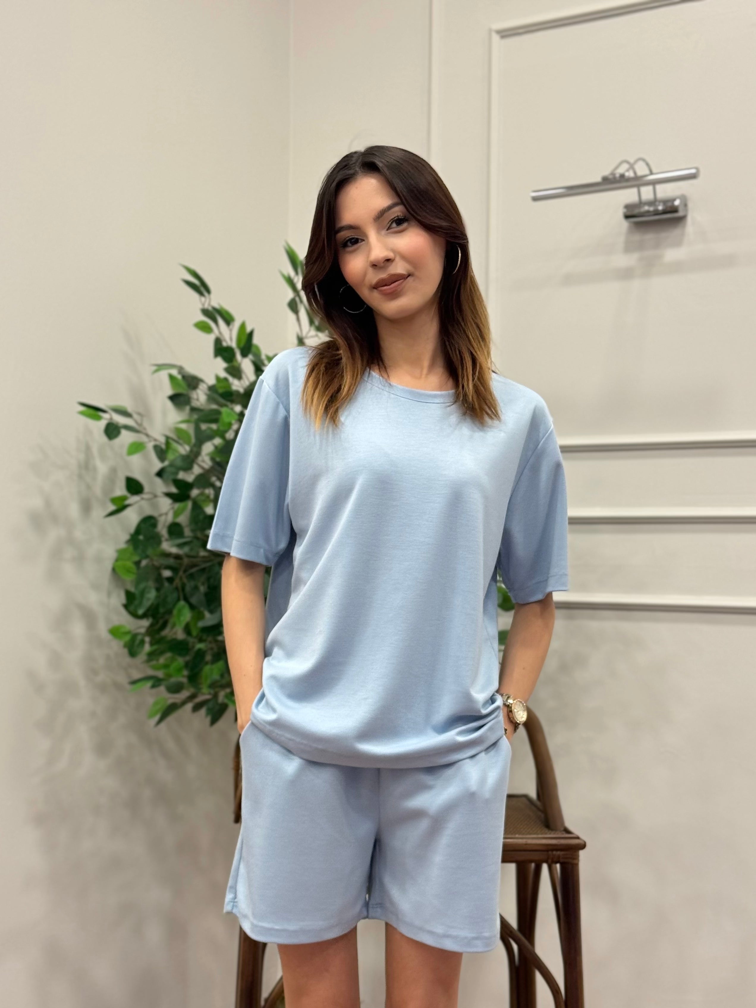 Modal Kumaş Oversize Bluz Şortlu Takım Bebe Mavi