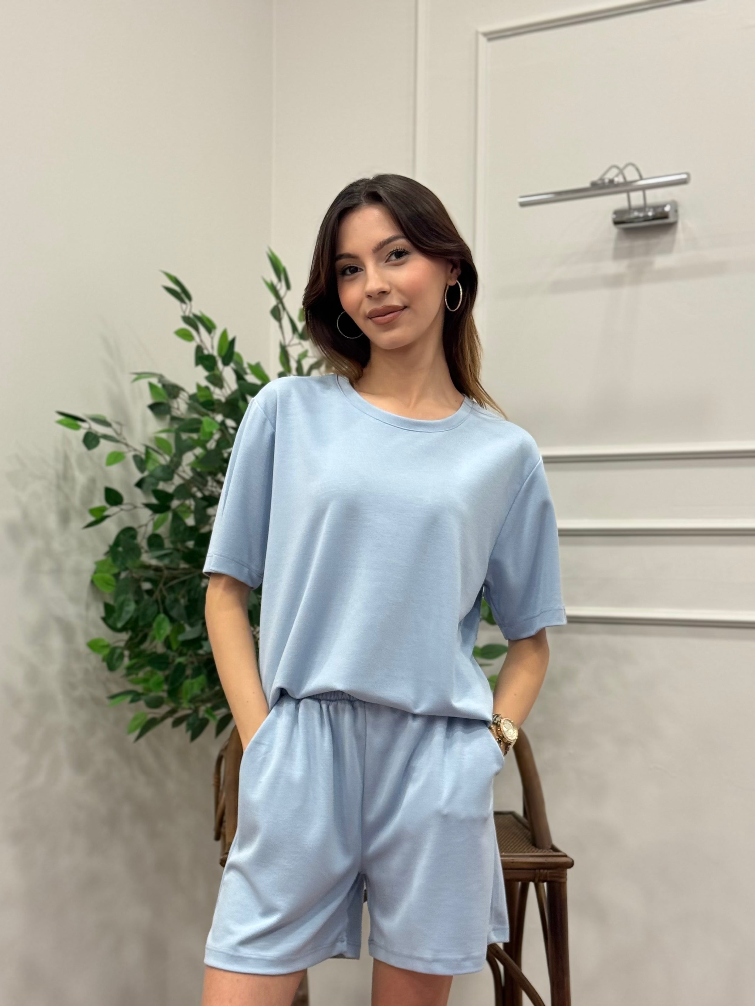 Modal Kumaş Oversize Bluz Şortlu Takım Bebe Mavi