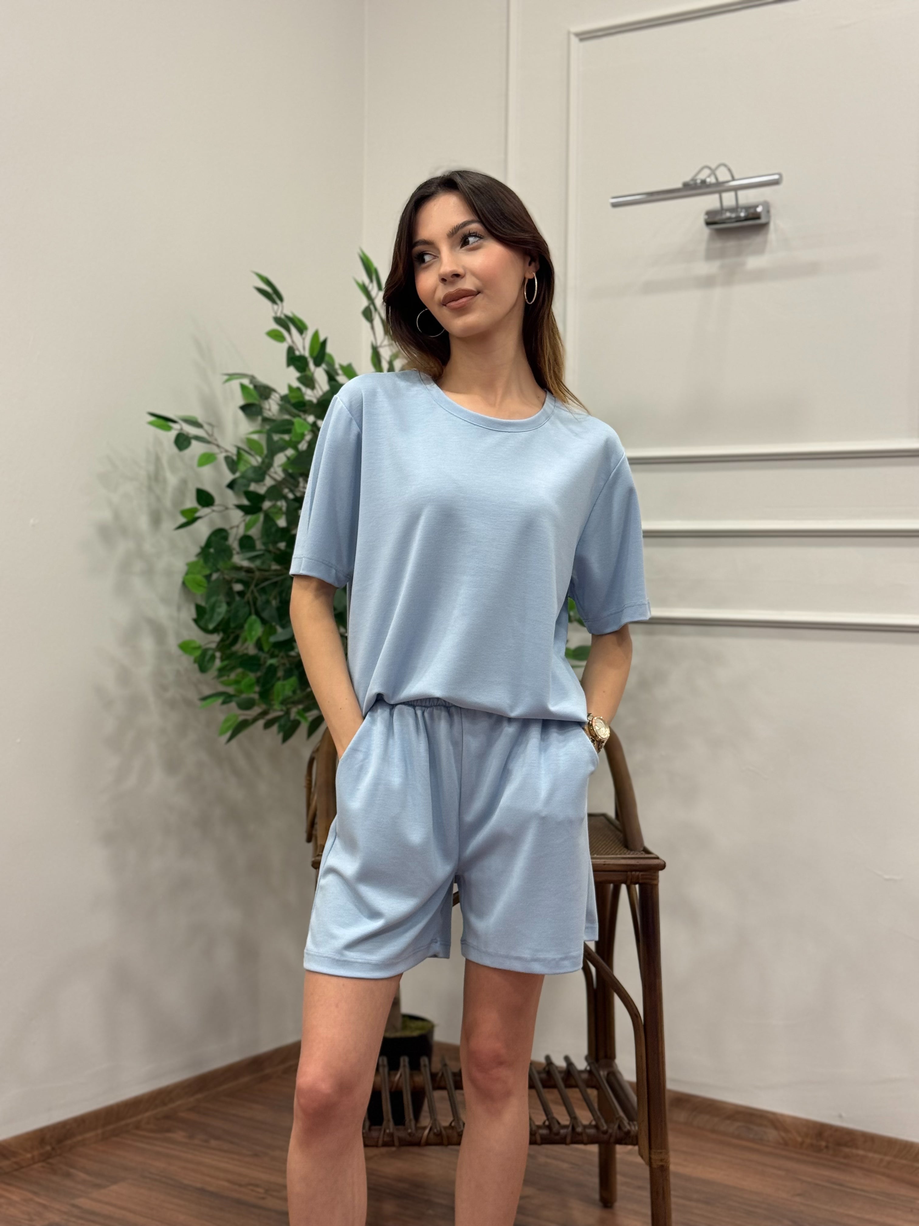 Modal Kumaş Oversize Bluz Şortlu Takım Bebe Mavi