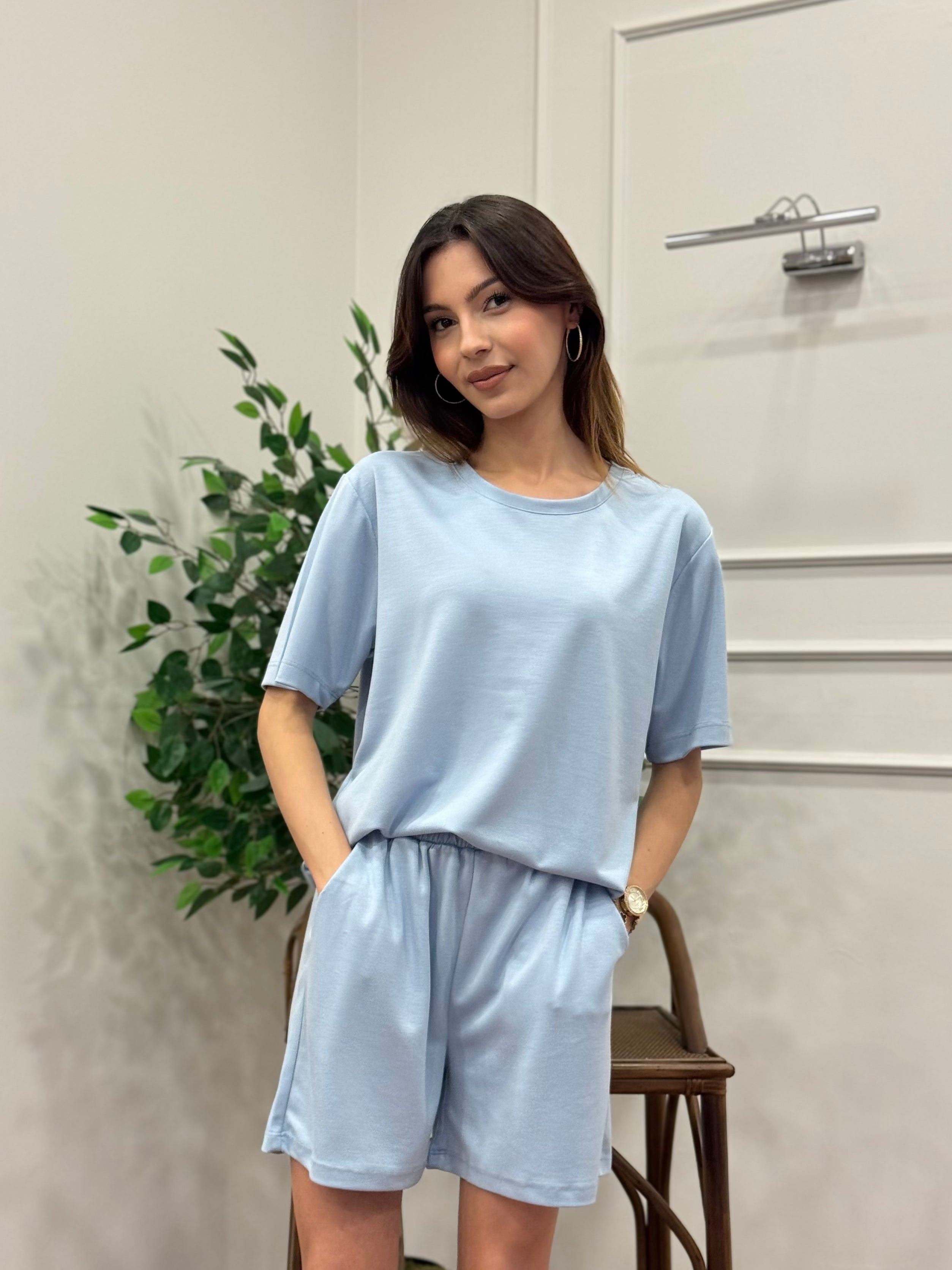 Modal Kumaş Oversize Bluz Şortlu Takım Bebe Mavi