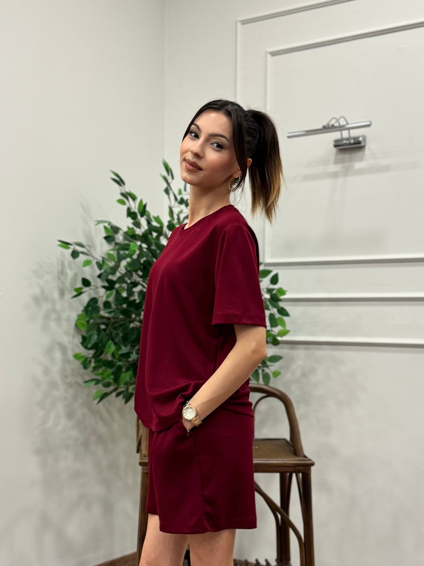 Modal Kumaş Oversize Bluz Şortlu Takım Bordo