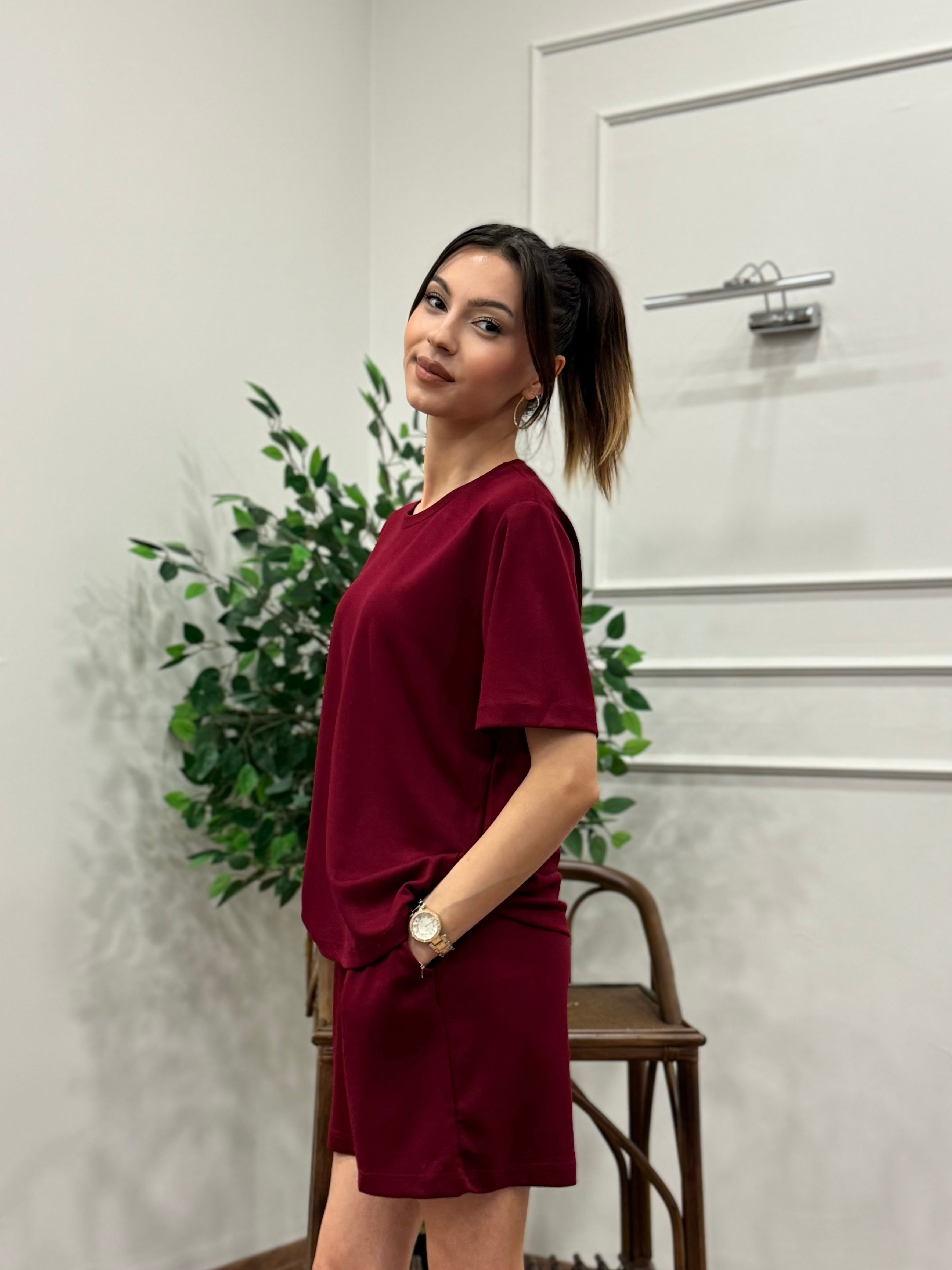 Modal Kumaş Oversize Bluz Şortlu Takım Bordo