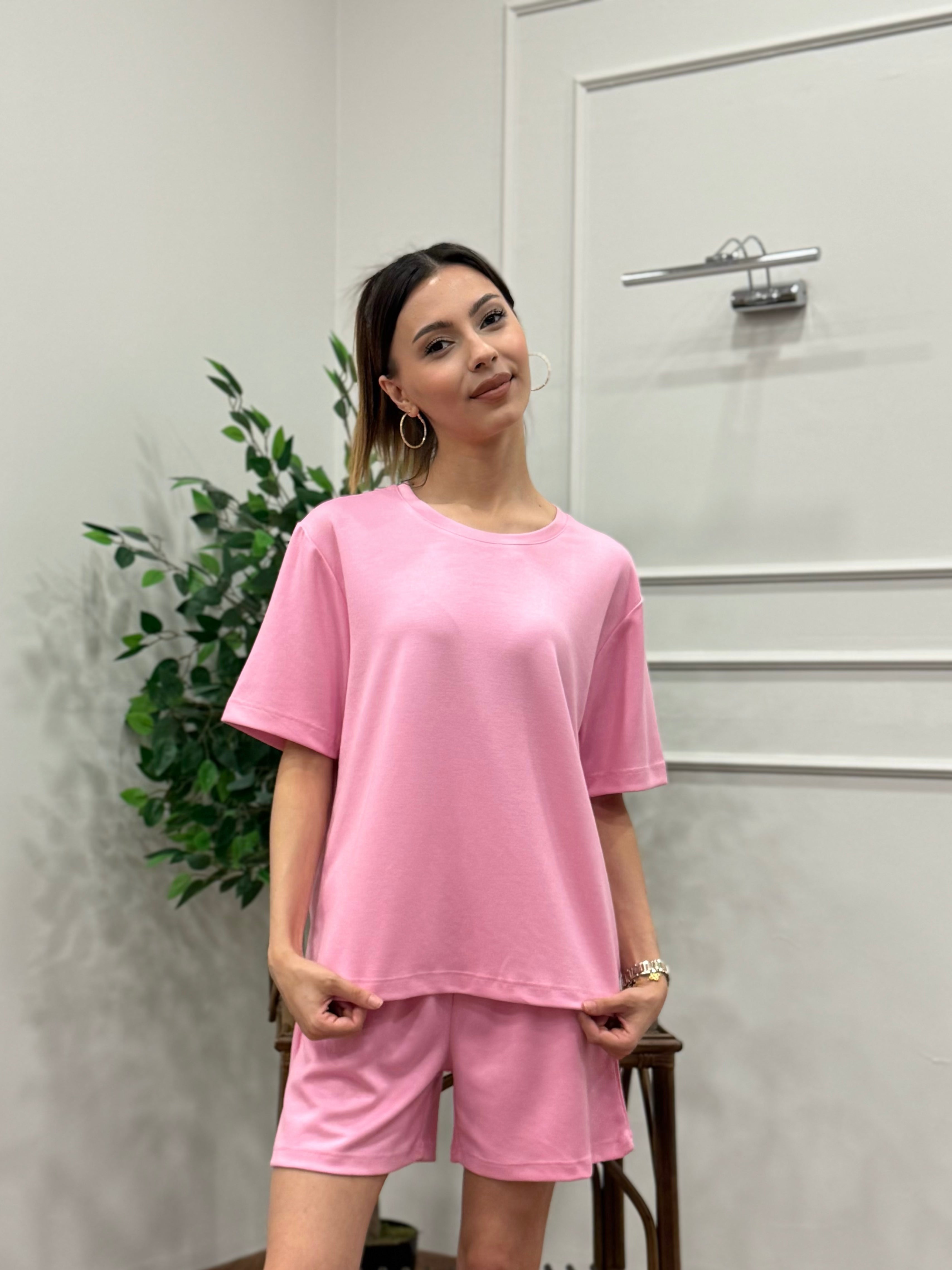 Modal Kumaş Oversize Bluz Şortlu Takım Toz Pembe