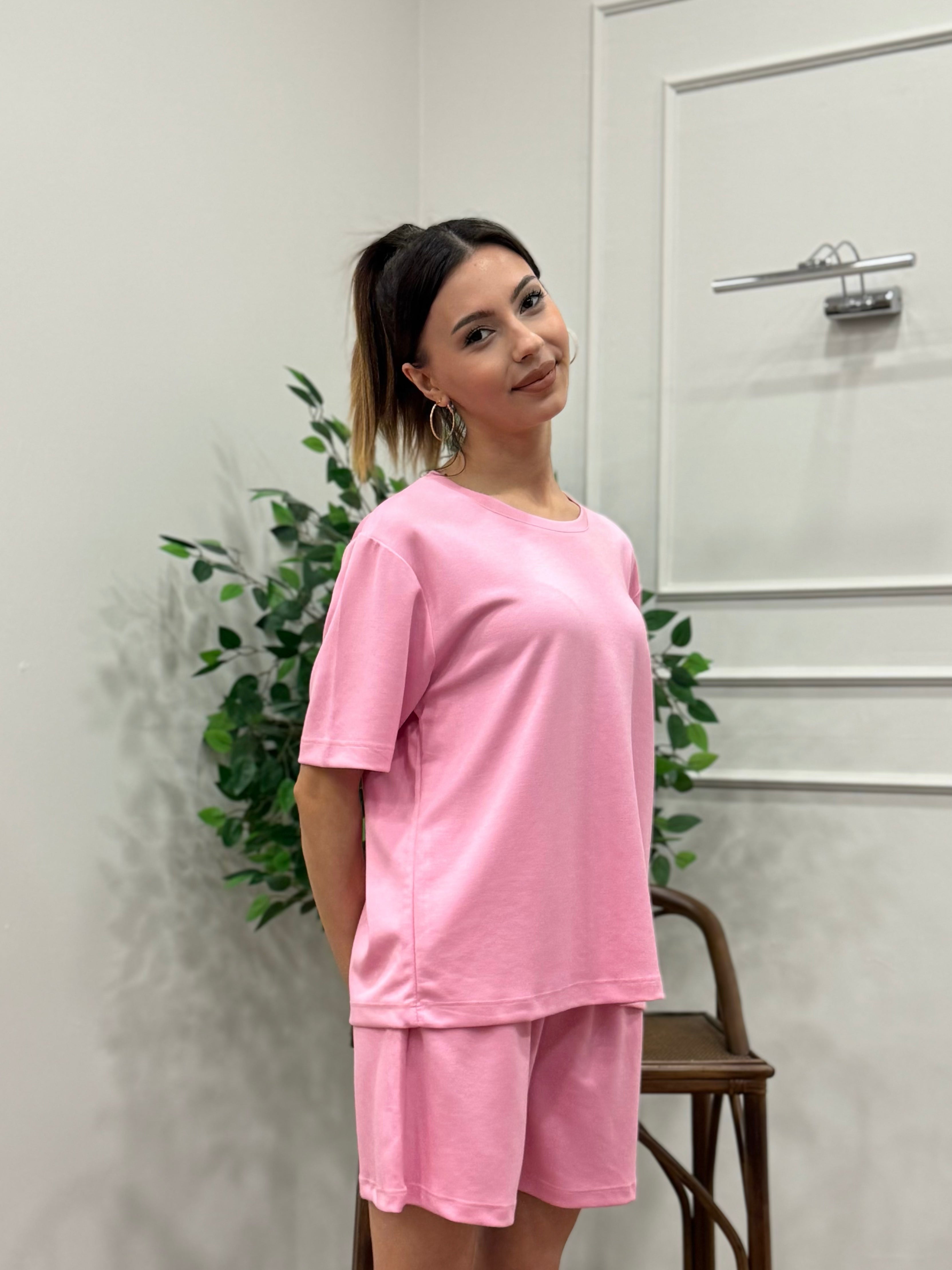 Modal Kumaş Oversize Bluz Şortlu Takım Toz Pembe