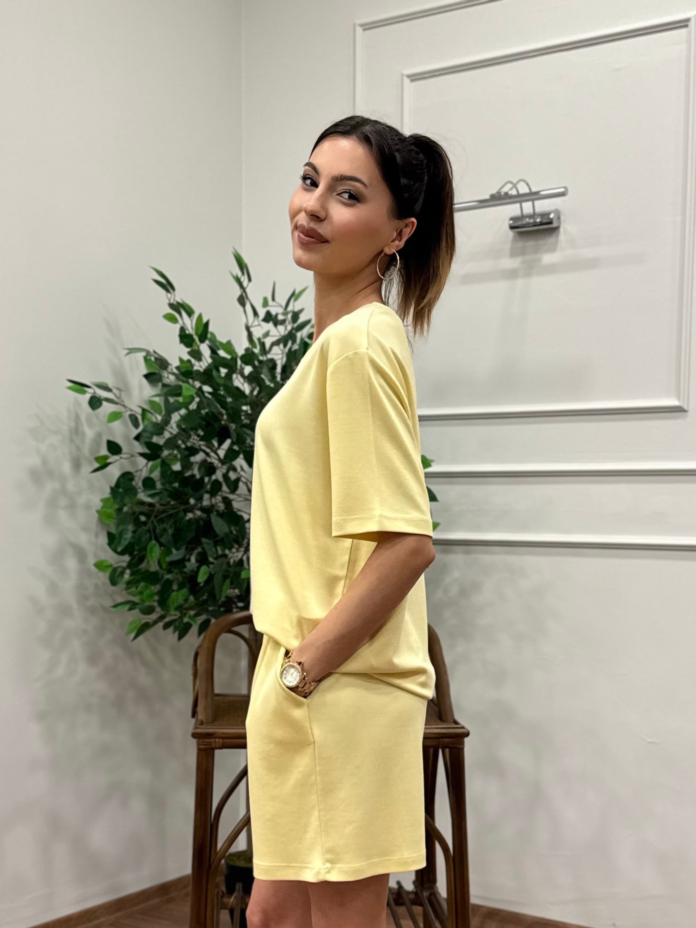 Modal Kumaş Oversize Bluz Şortlu Takım Sarı