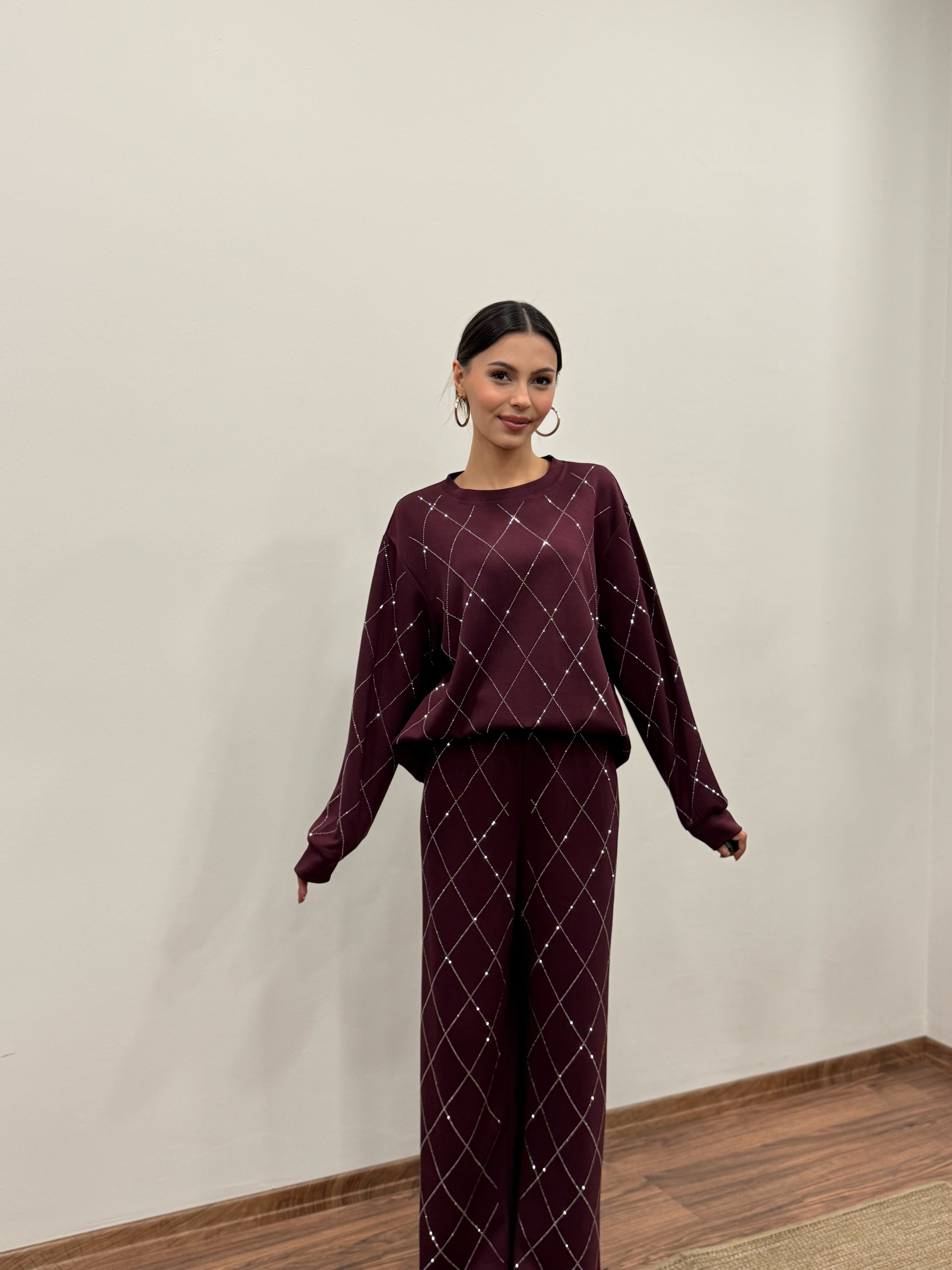 Baklava Desen Taşlı Bordo Takım