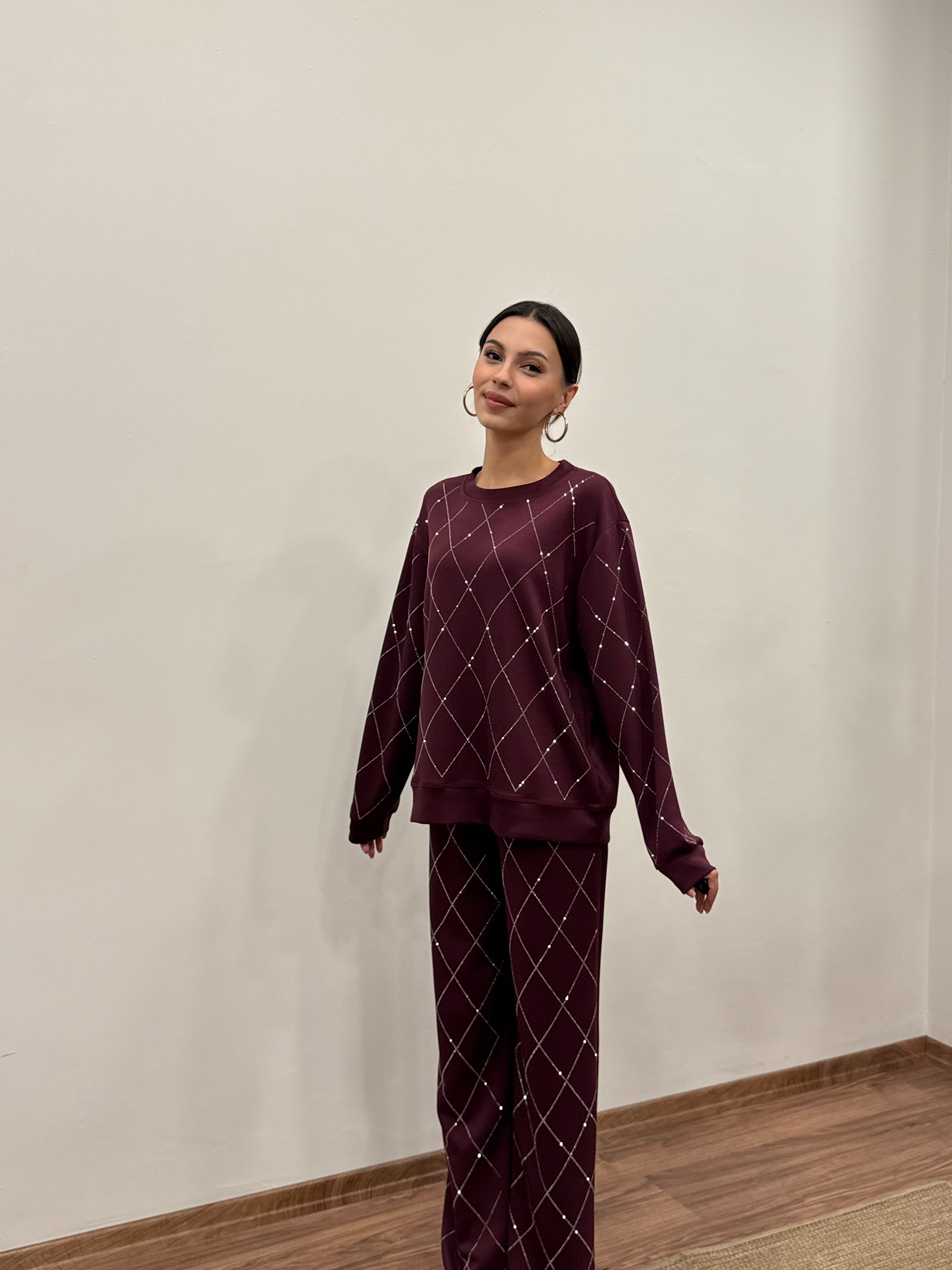 Baklava Desen Taşlı Bordo Takım