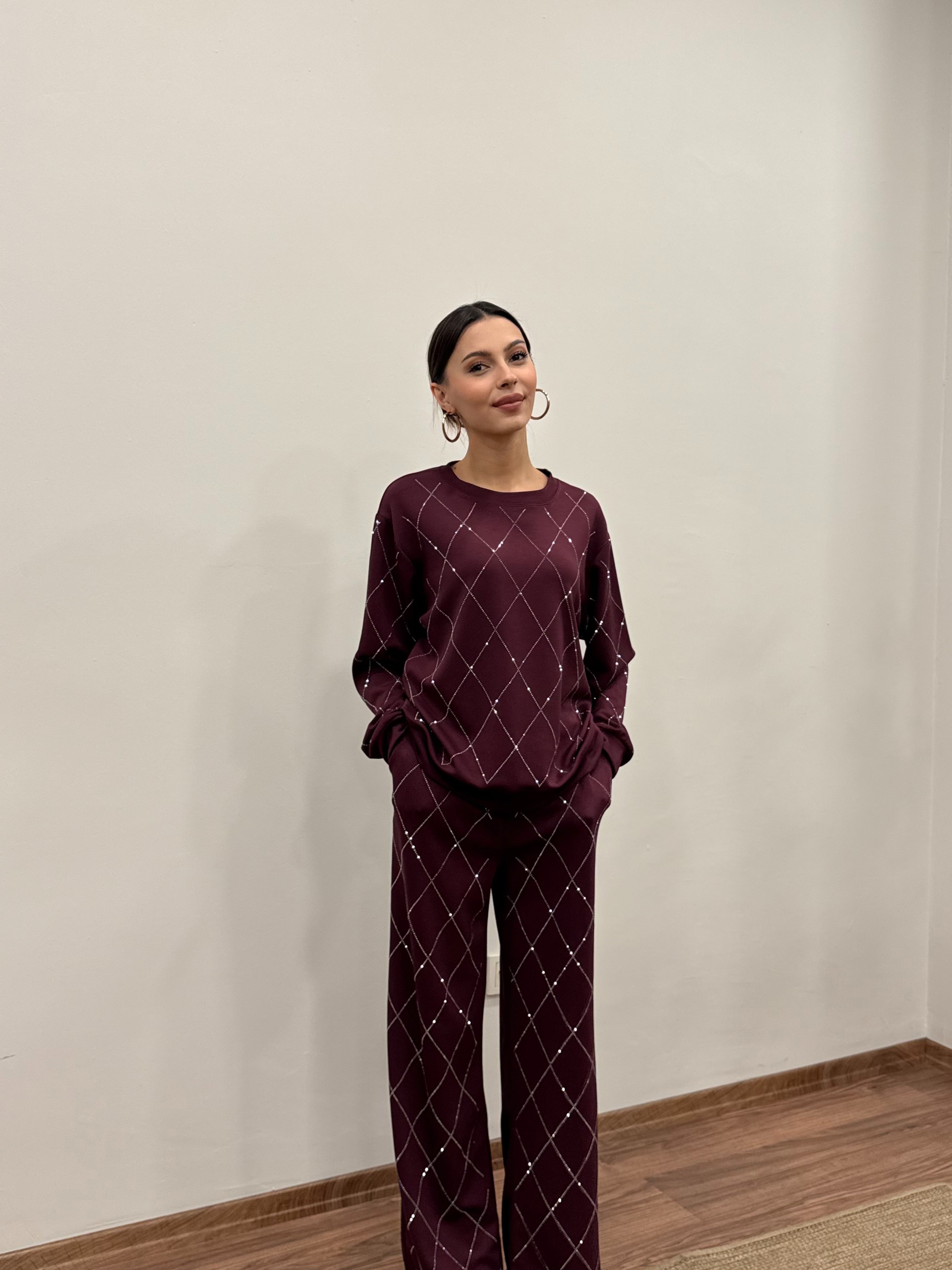 Baklava Desen Taşlı Bordo Takım