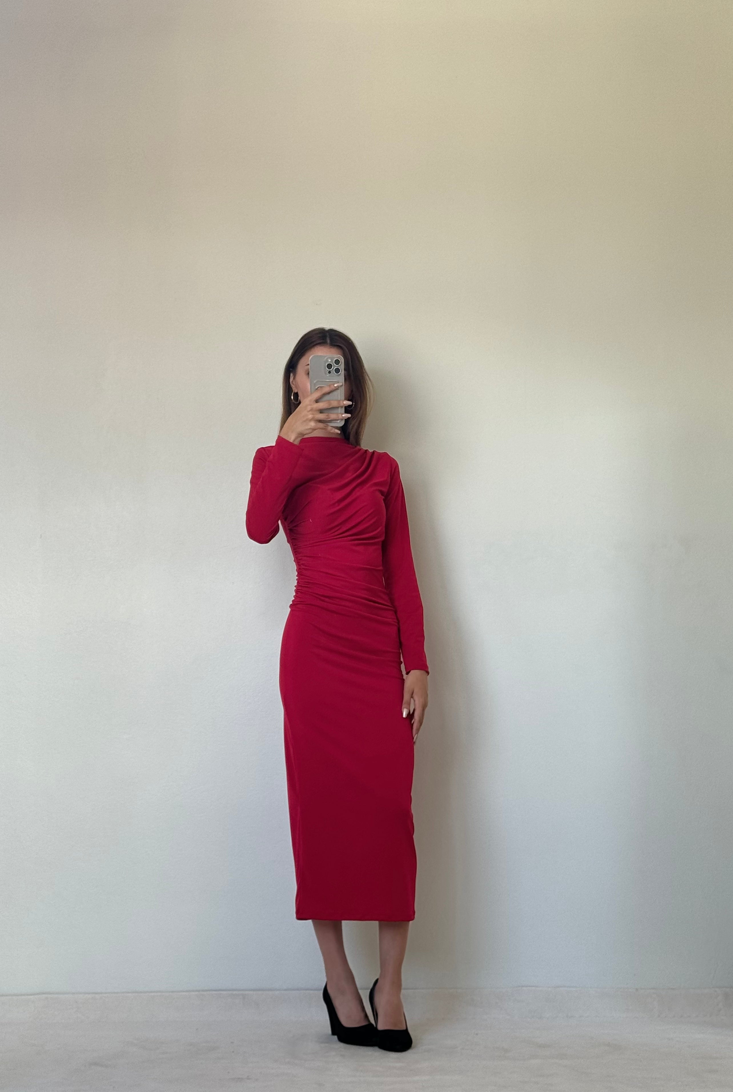 Kırmızı Uzun Kollu Omuz ve Bel Drape Elbise