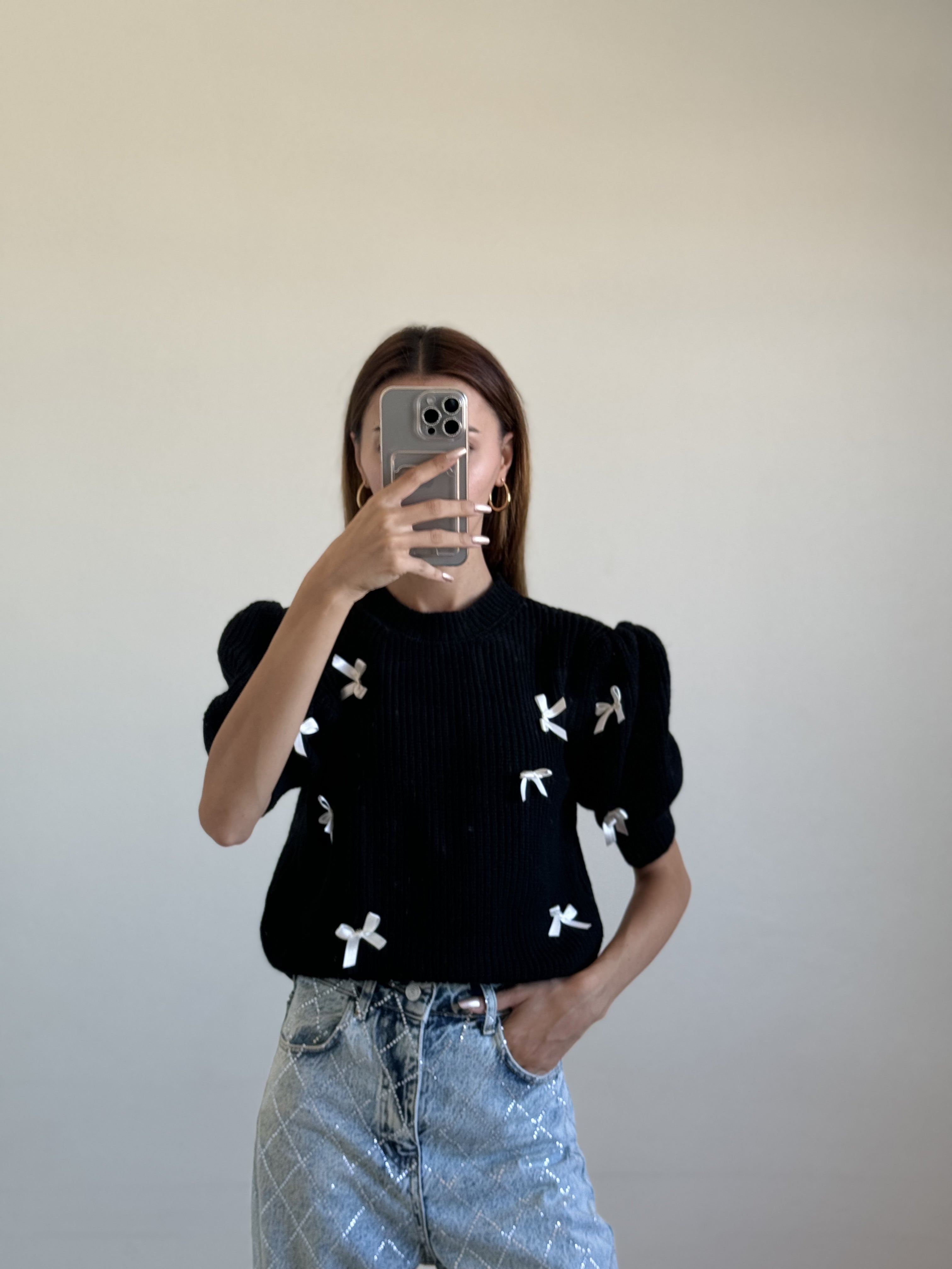 Kurdela Detay Siyah Crop Kazak