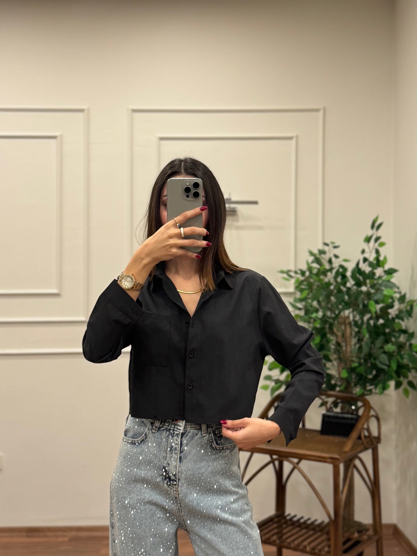 Jess Siyah Crop Gömlek