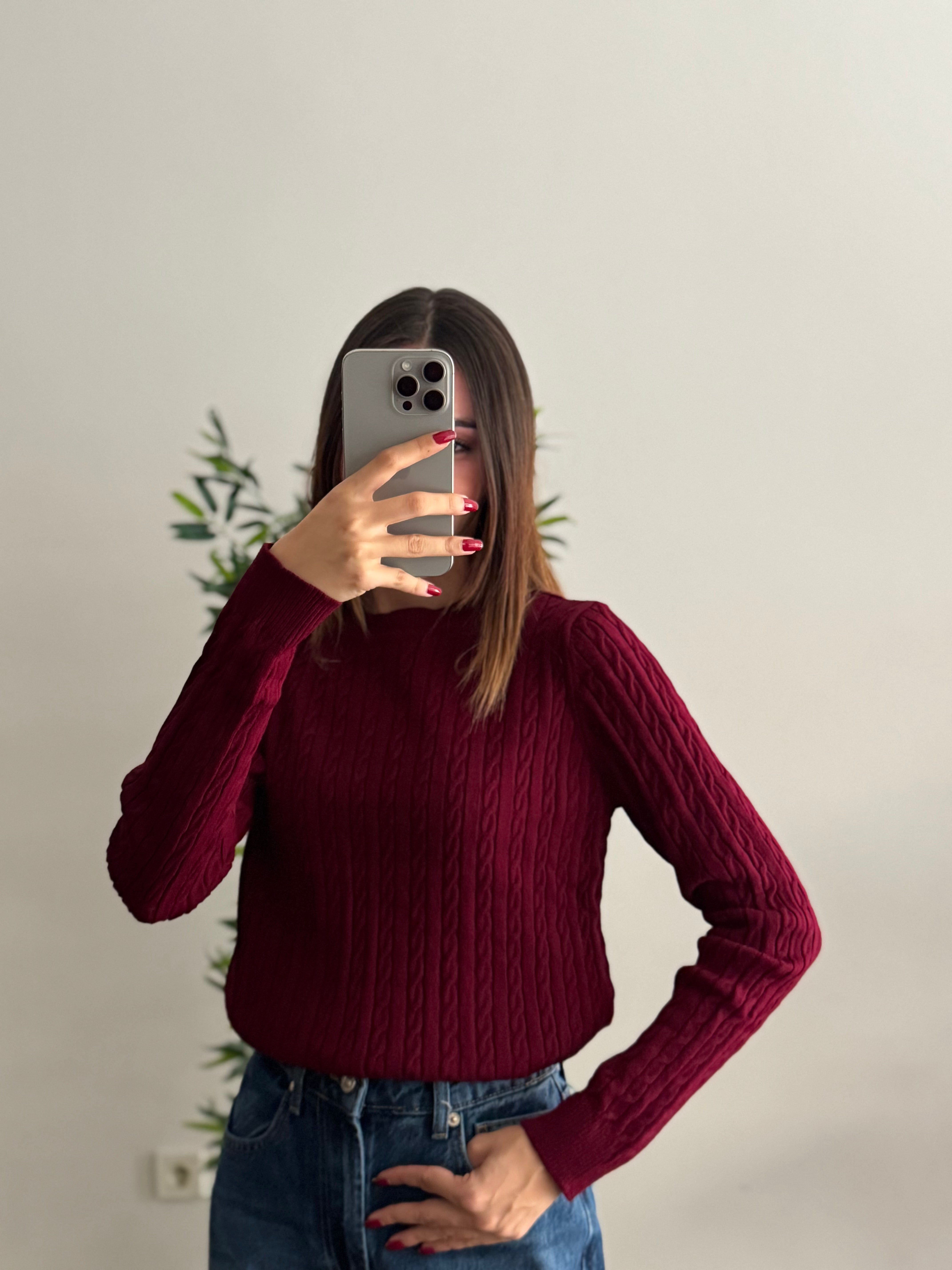 Örgü Detay Bordo Bluz