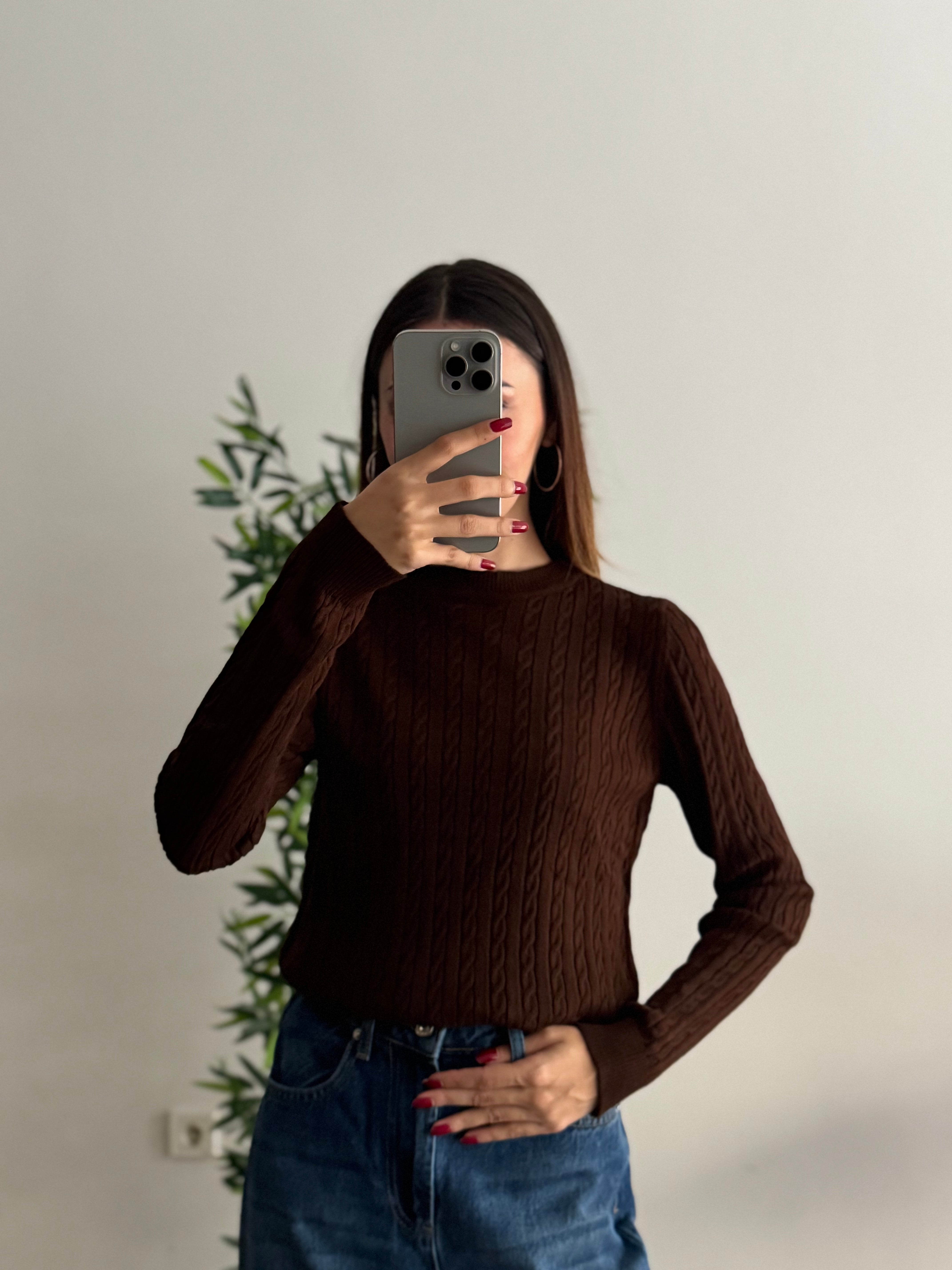 Örgü Detay Kahverengi Bluz