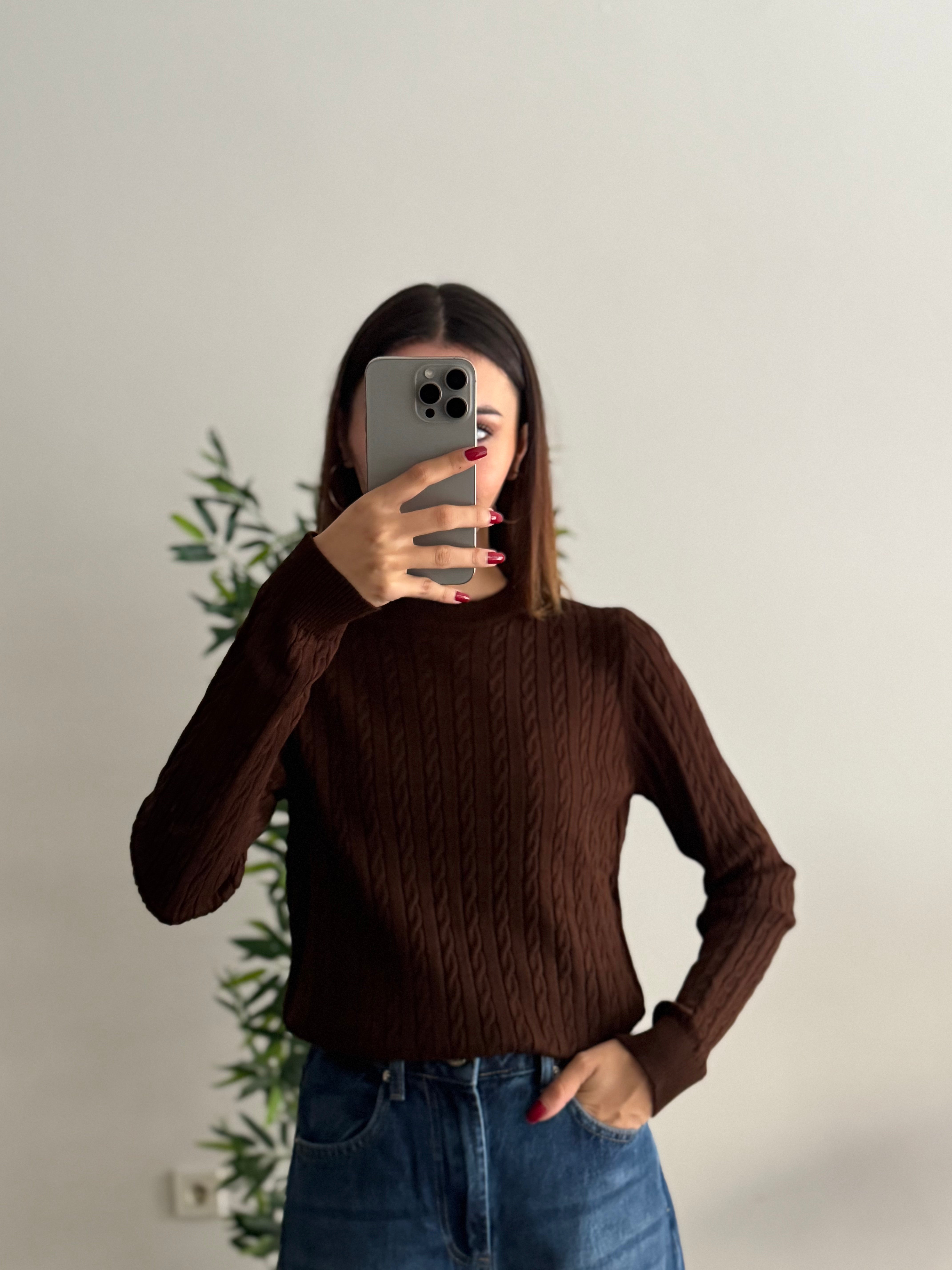 Örgü Detay Kahverengi Bluz