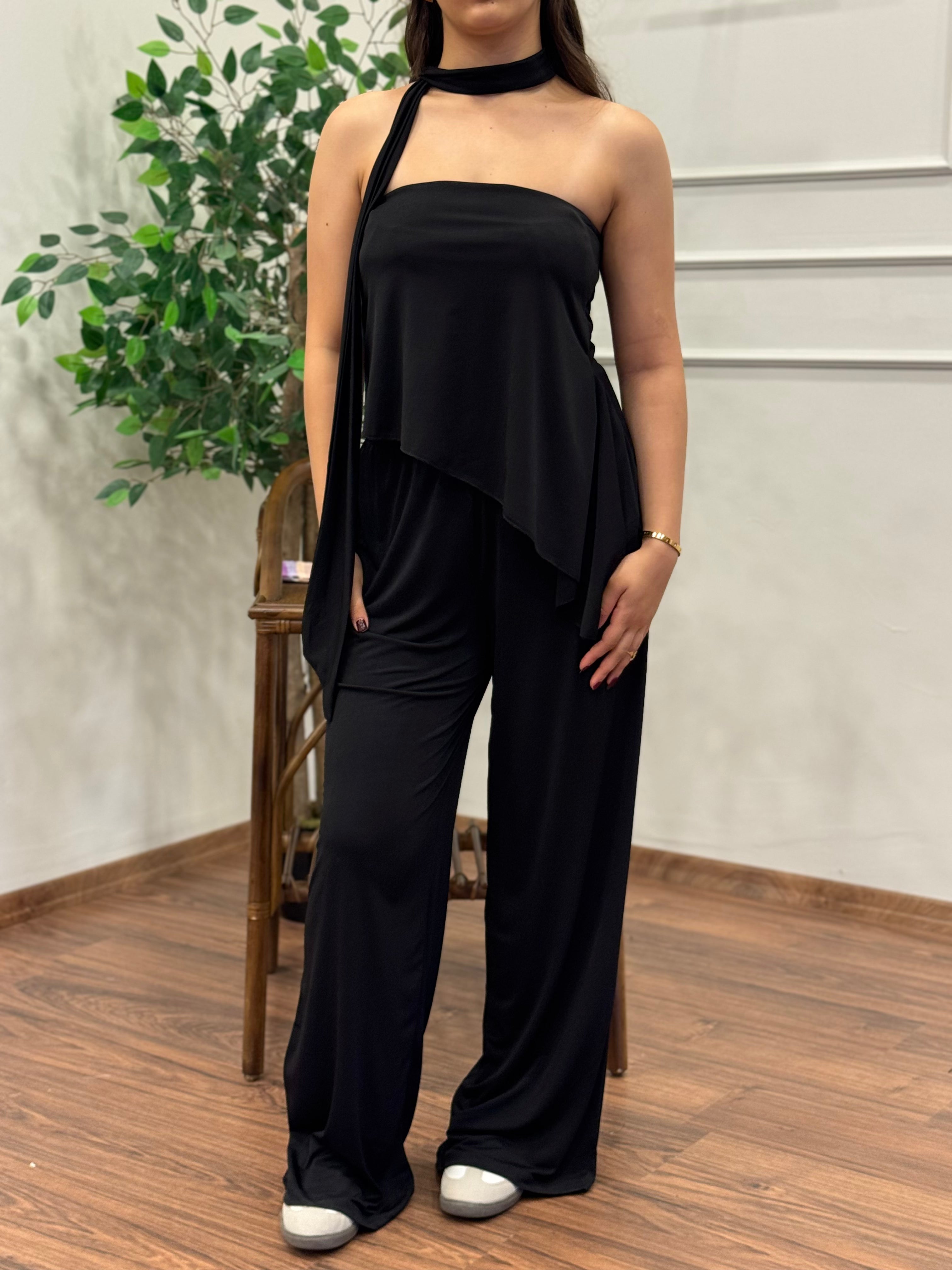 Asimetrik Kesim Bluz Pantolon Kuşaklı Siyah Takım