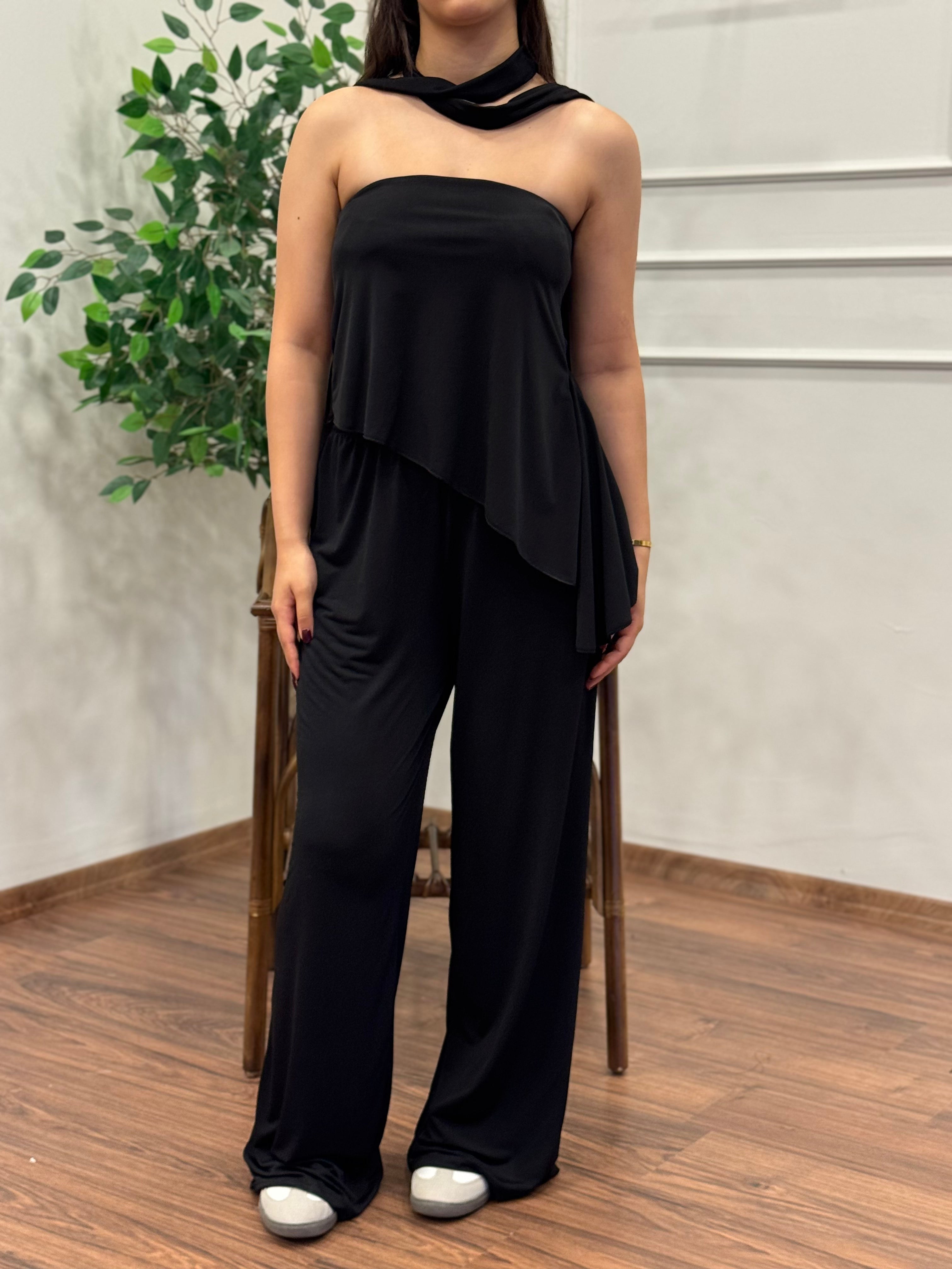 Asimetrik Kesim Bluz Pantolon Kuşaklı Siyah Takım