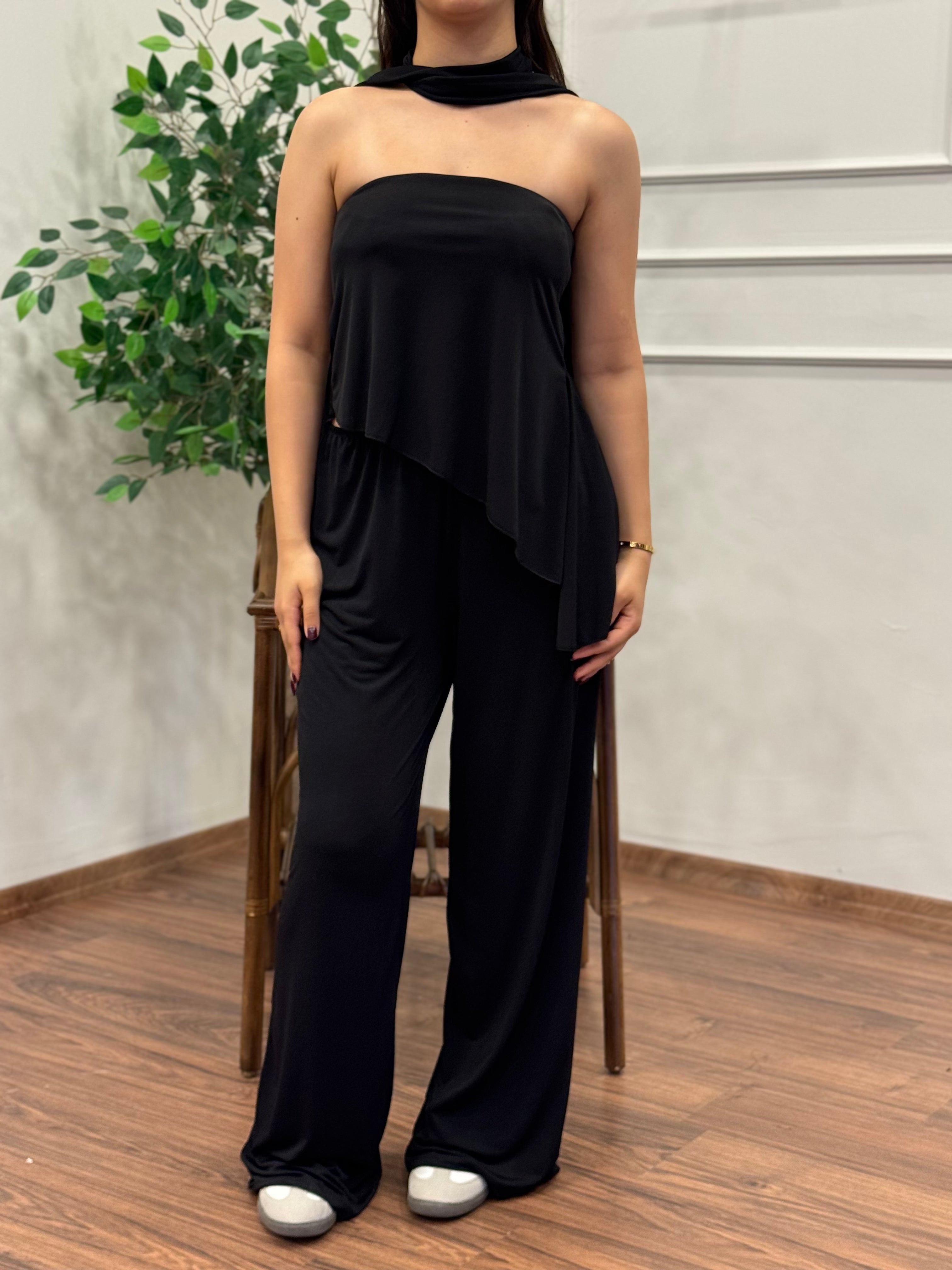 Asimetrik Kesim Bluz Pantolon Kuşaklı Siyah Takım