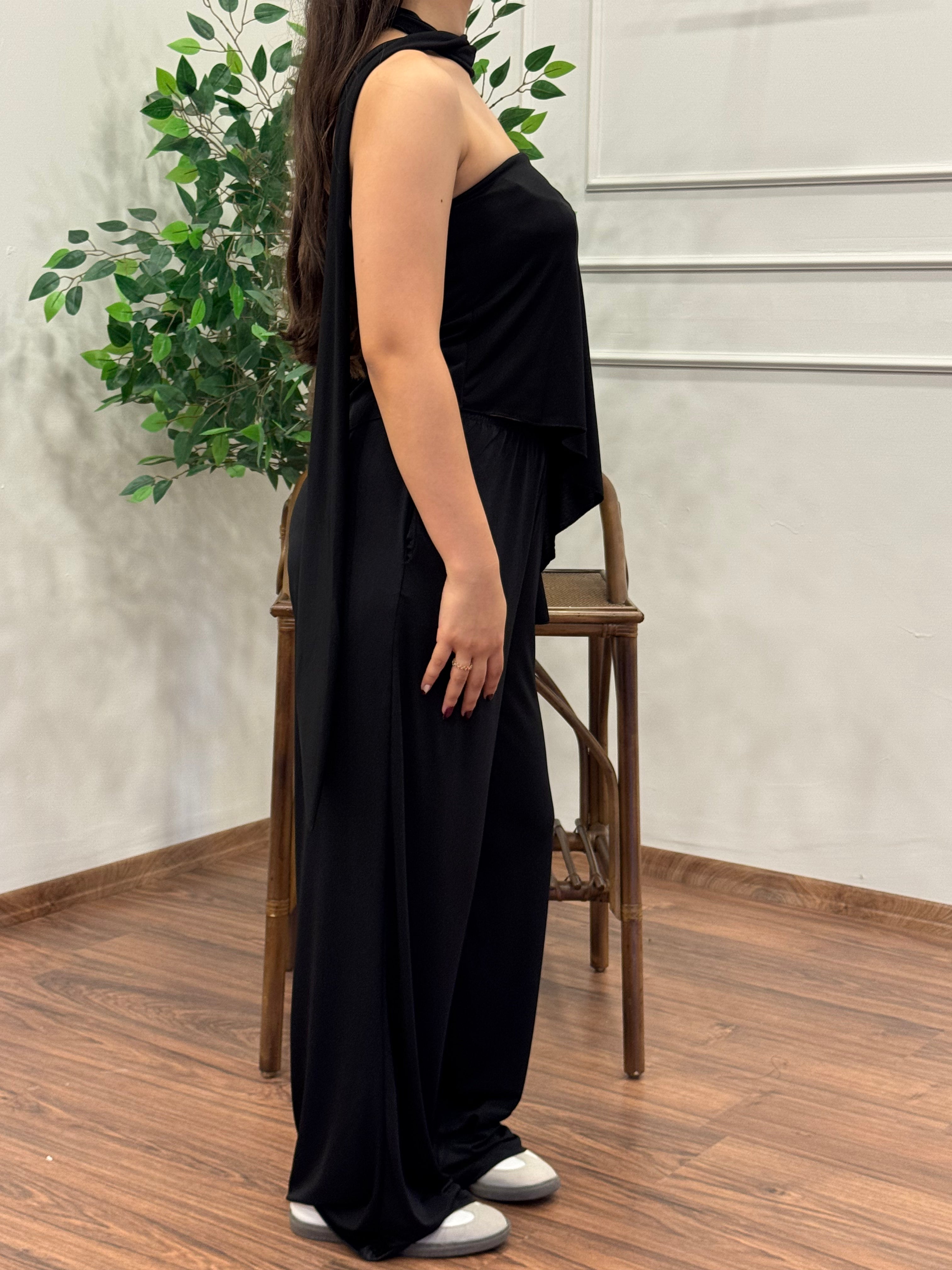 Asimetrik Kesim Bluz Pantolon Kuşaklı Siyah Takım