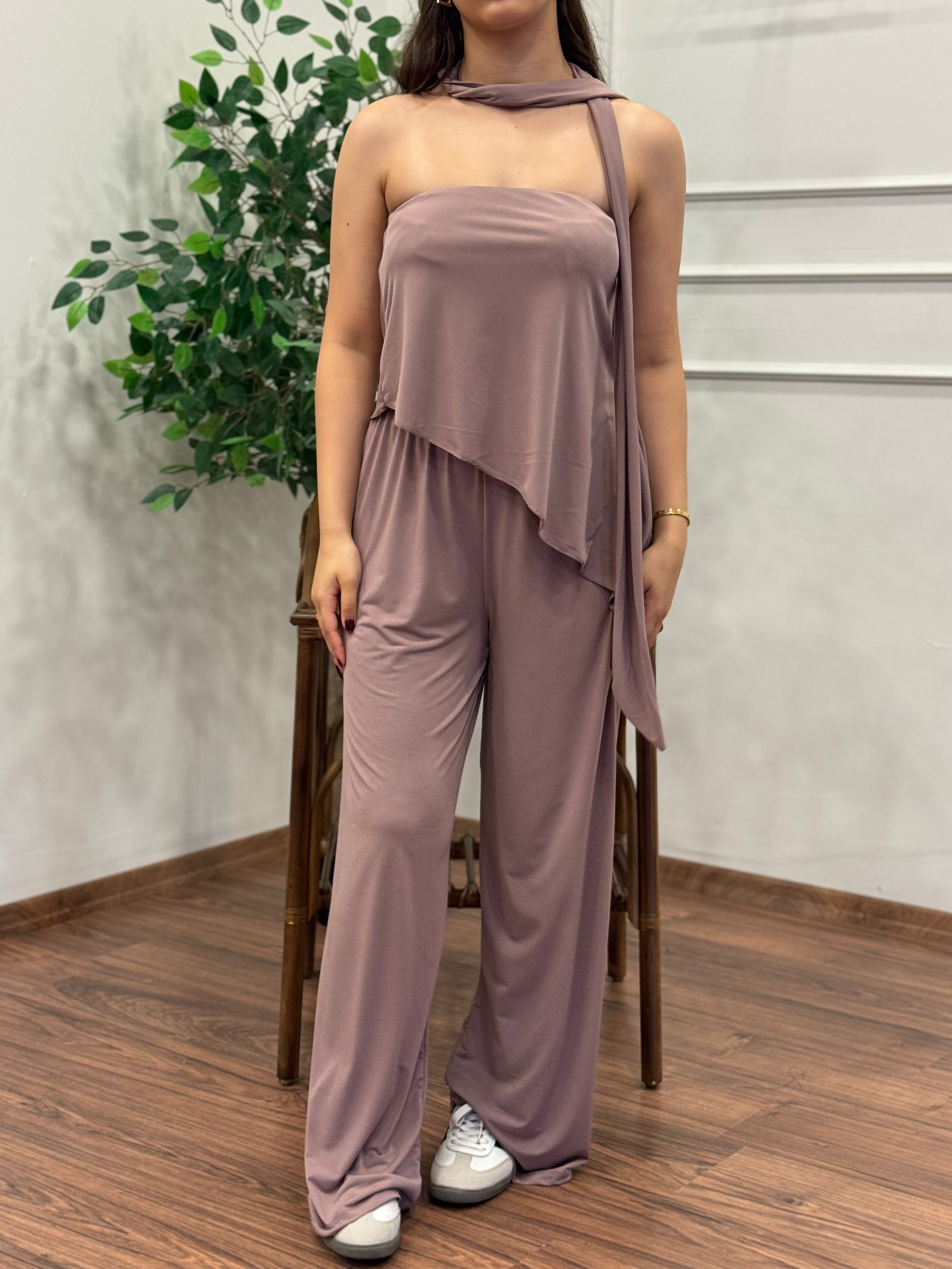 Asimetrik Kesim Bluz Pantolon Kuşaklı Gül Kurusu Takım