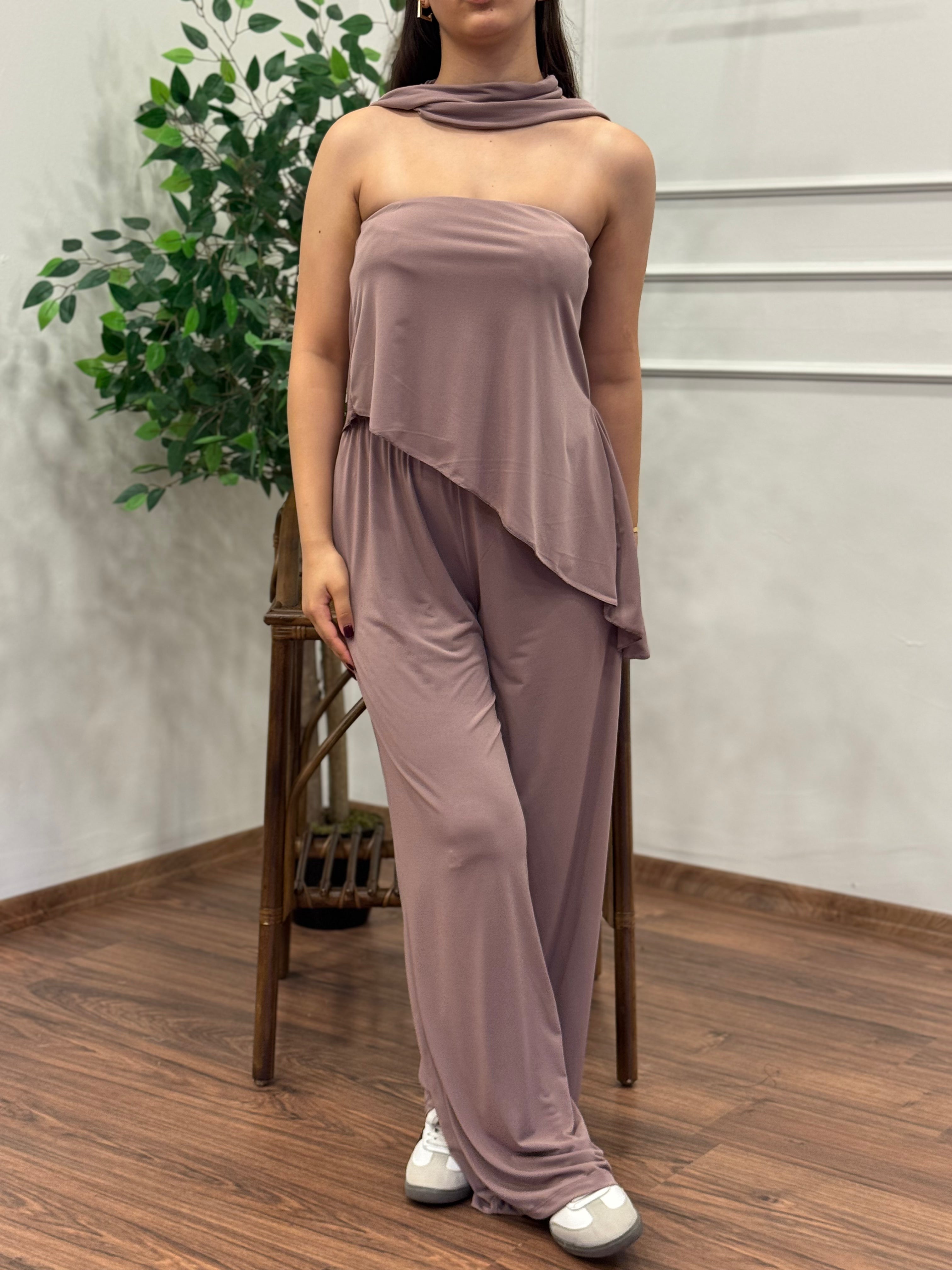 Asimetrik Kesim Bluz Pantolon Kuşaklı Gül Kurusu Takım