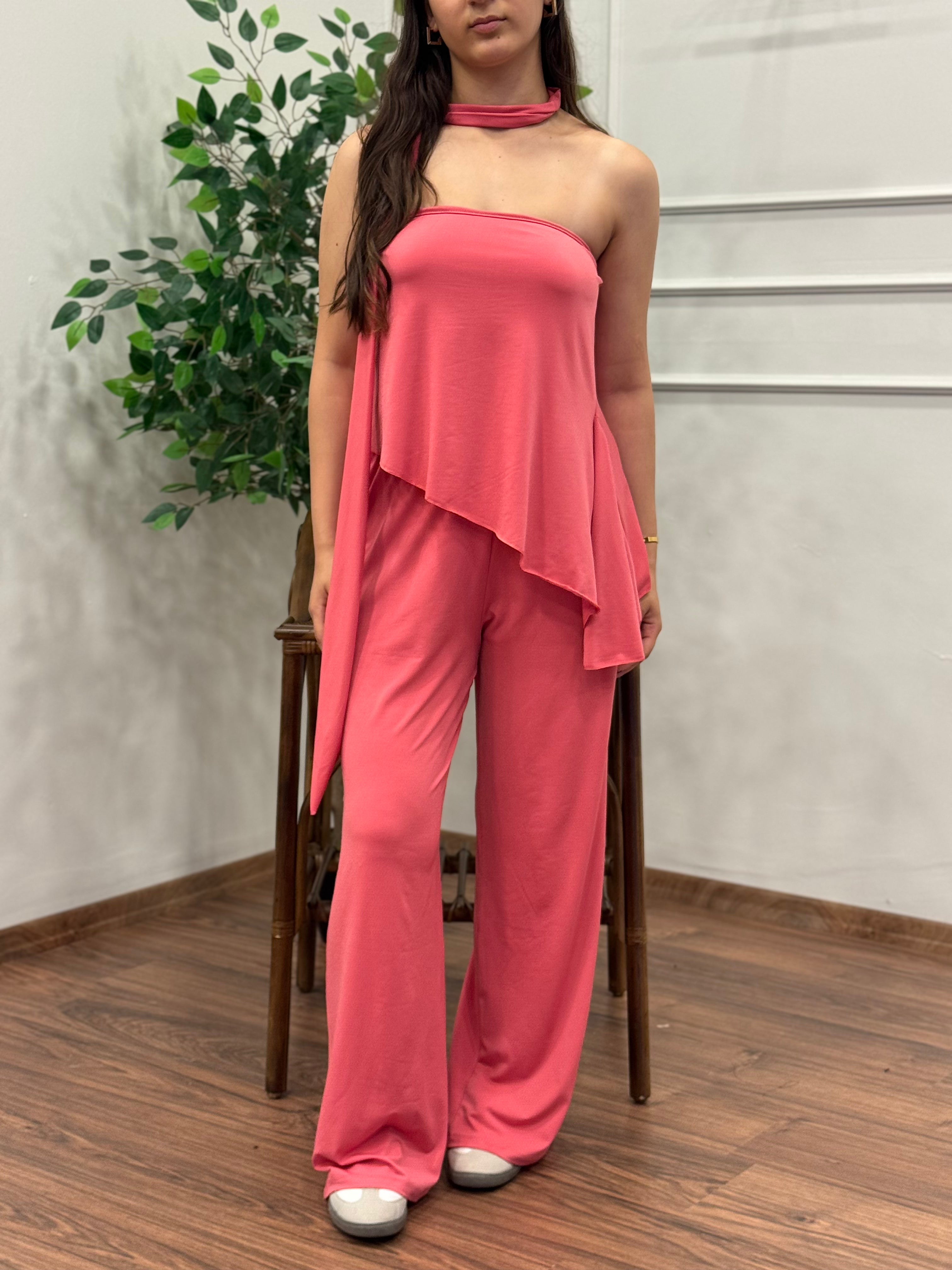 Asimetrik Kesim Bluz Pantolon Kuşaklı Pembe Takım