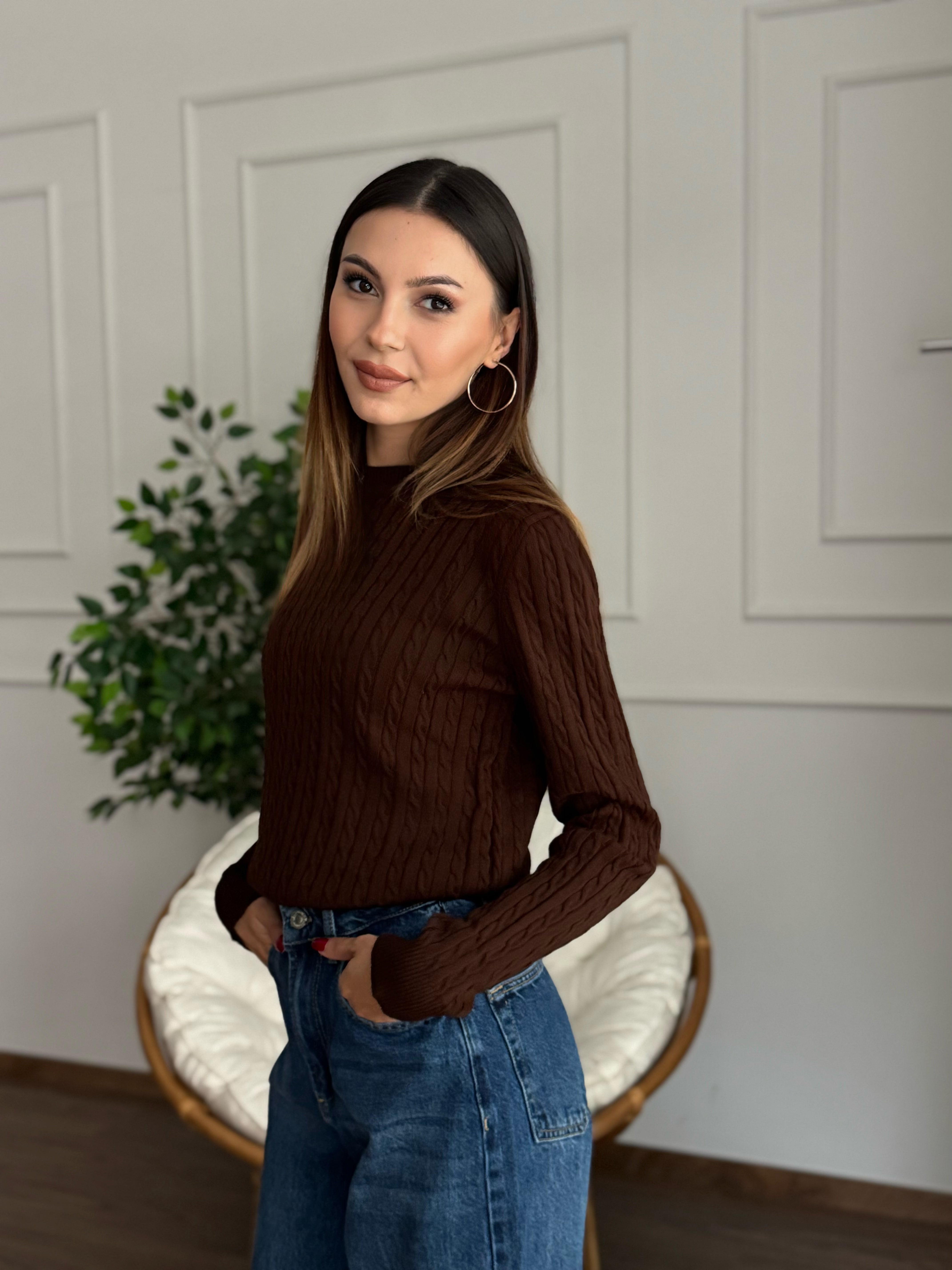 Örgü Detay Kahverengi Bluz