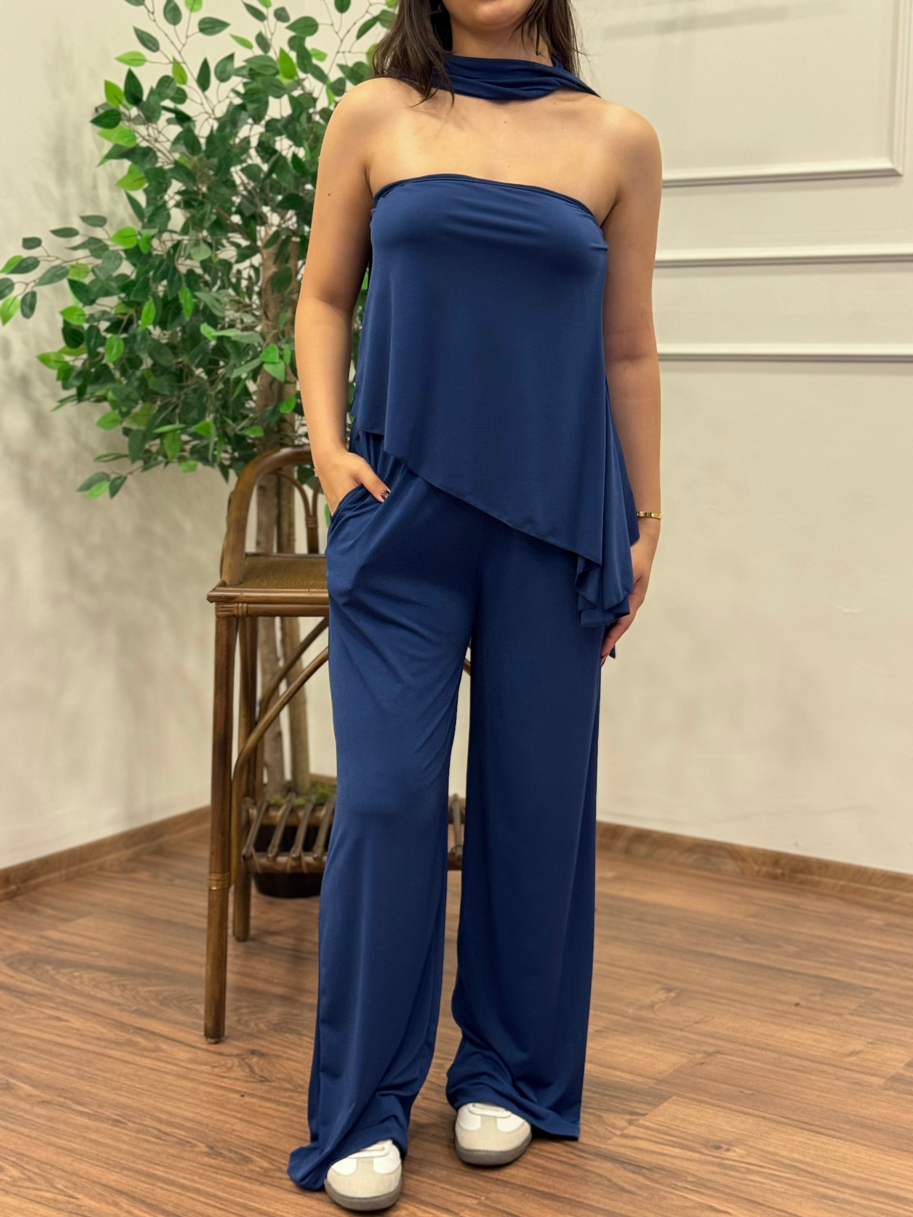 Asimetrik Kesim Bluz Pantolon Kuşaklı Lacivert Takım