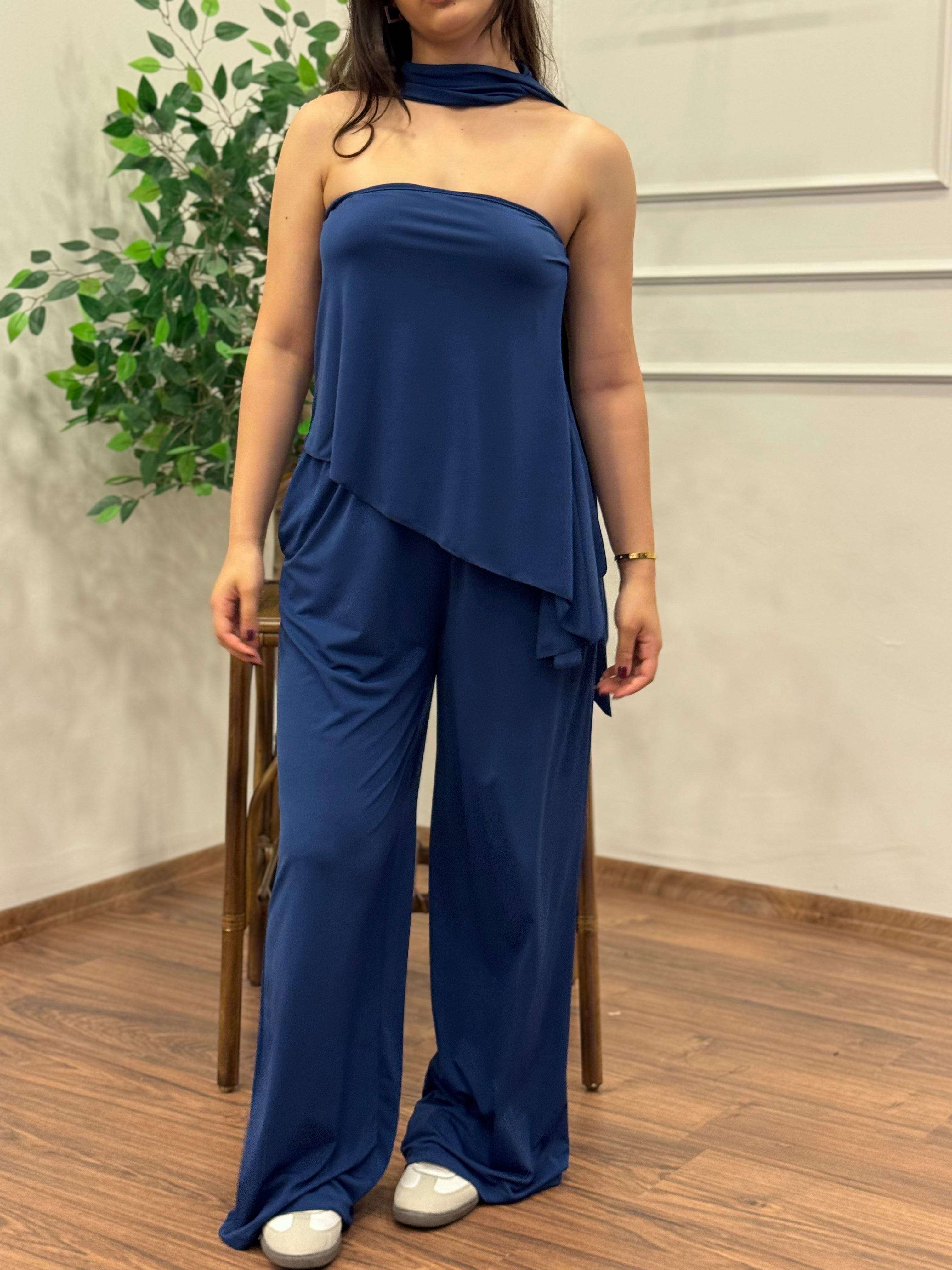 Asimetrik Kesim Bluz Pantolon Kuşaklı Lacivert Takım