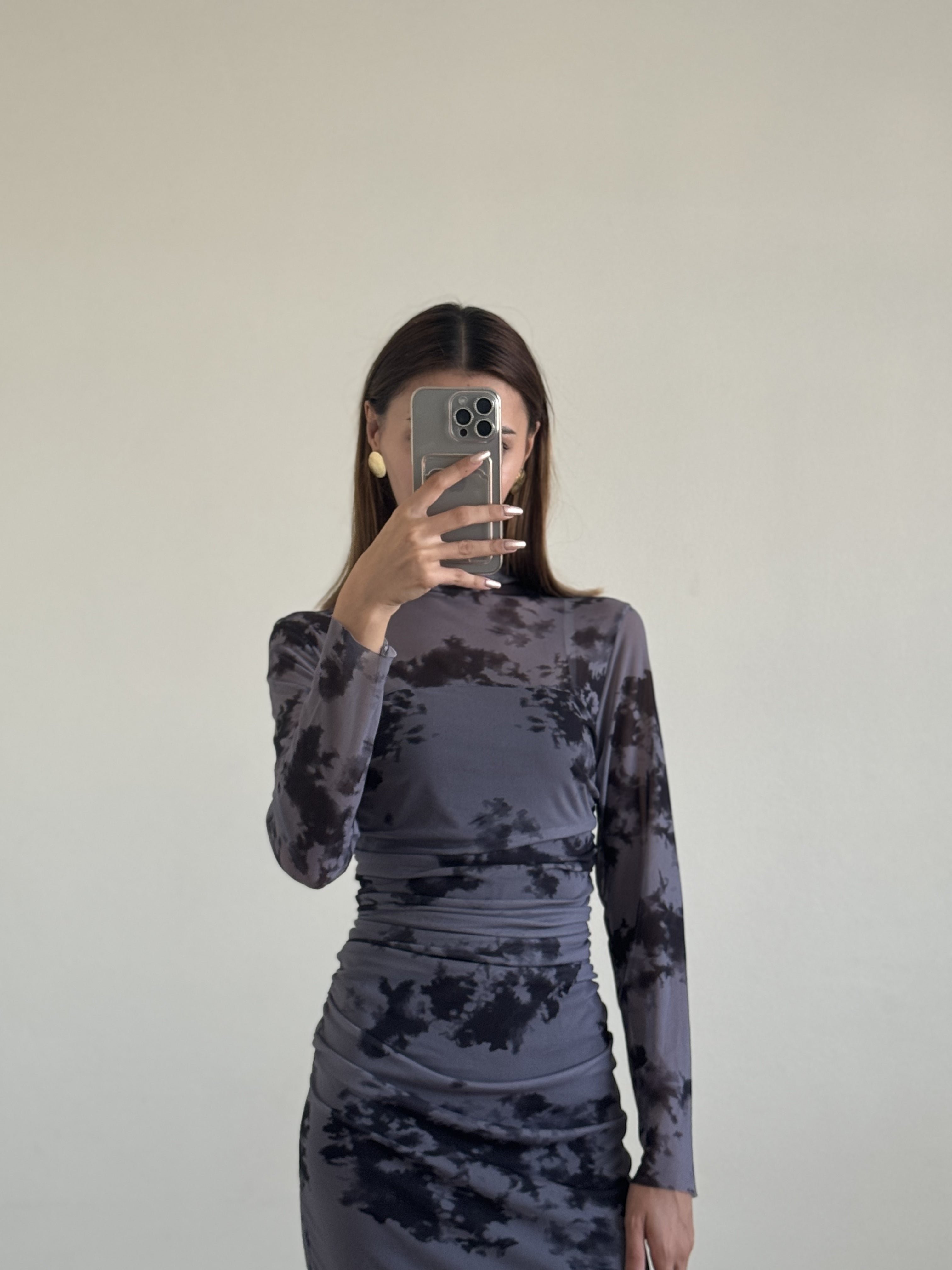 Dijital Baskı Tül Kumaş Yaka Detay Elbise