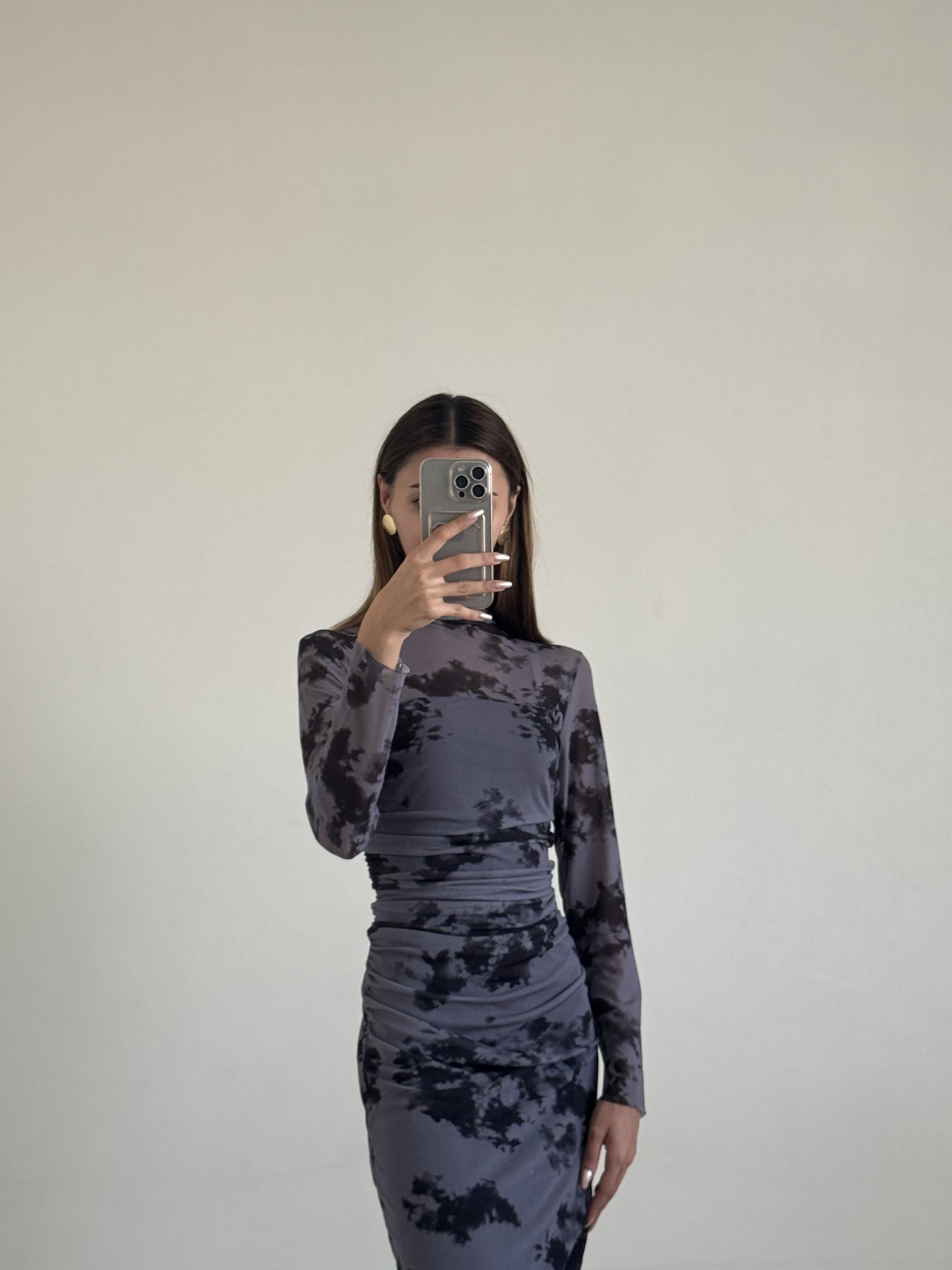 Dijital Baskı Tül Kumaş Yaka Detay Elbise