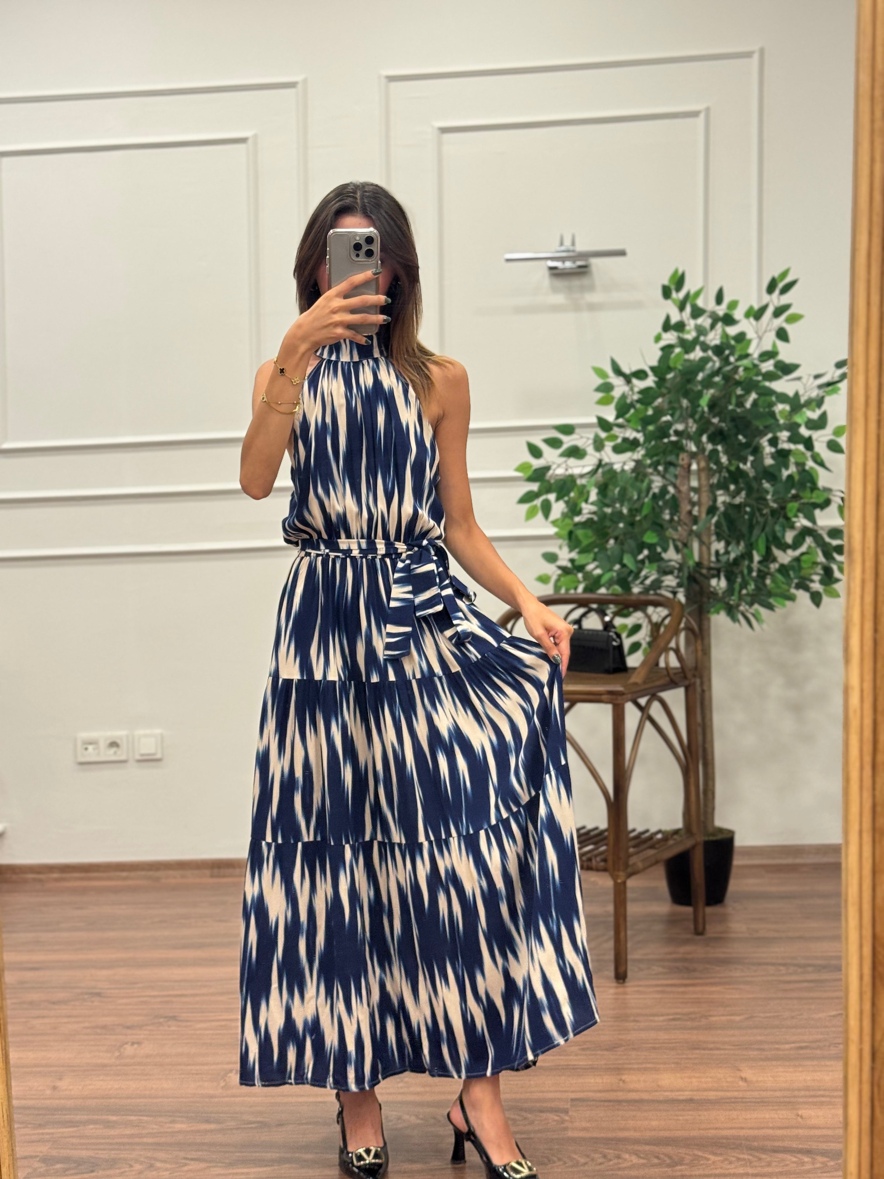 Viskon Kumaş Etnik Desen Lacivert Elbise