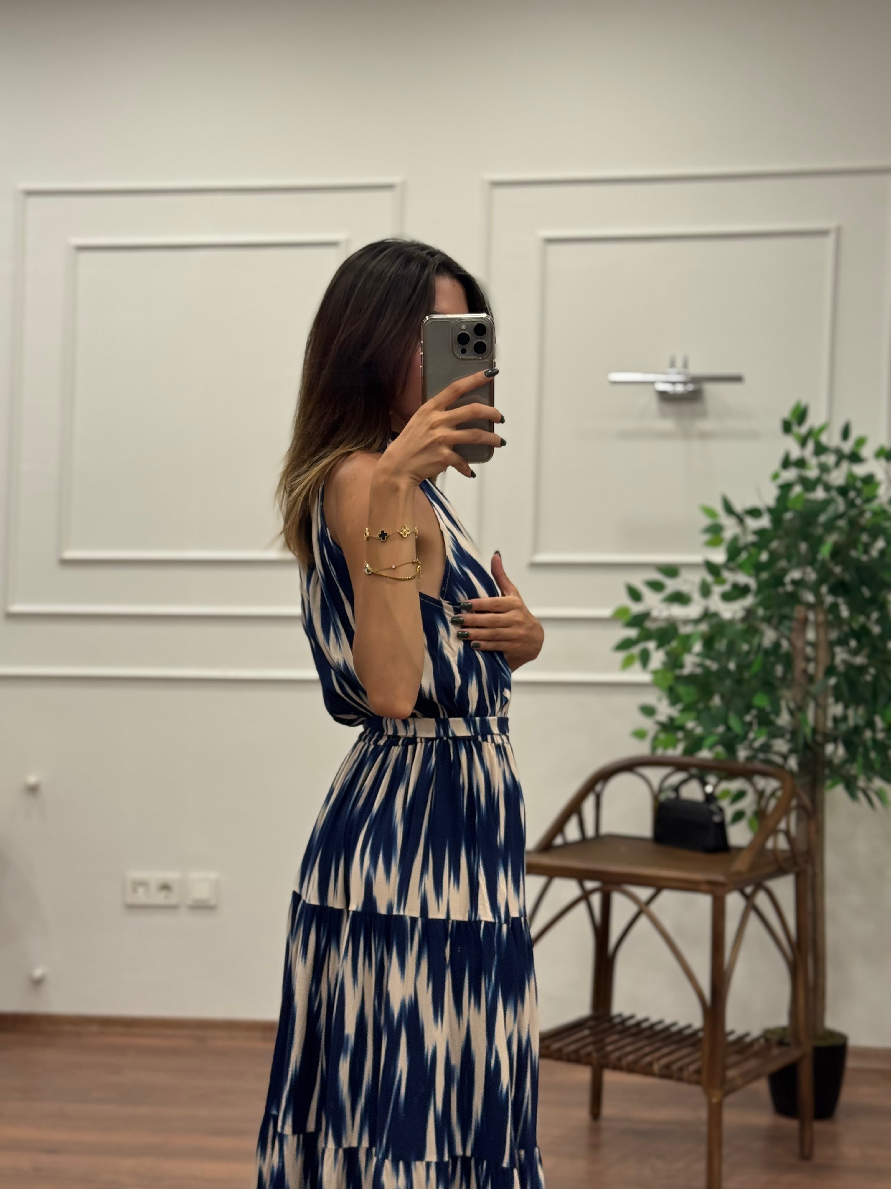 Viskon Kumaş Etnik Desen Lacivert Elbise