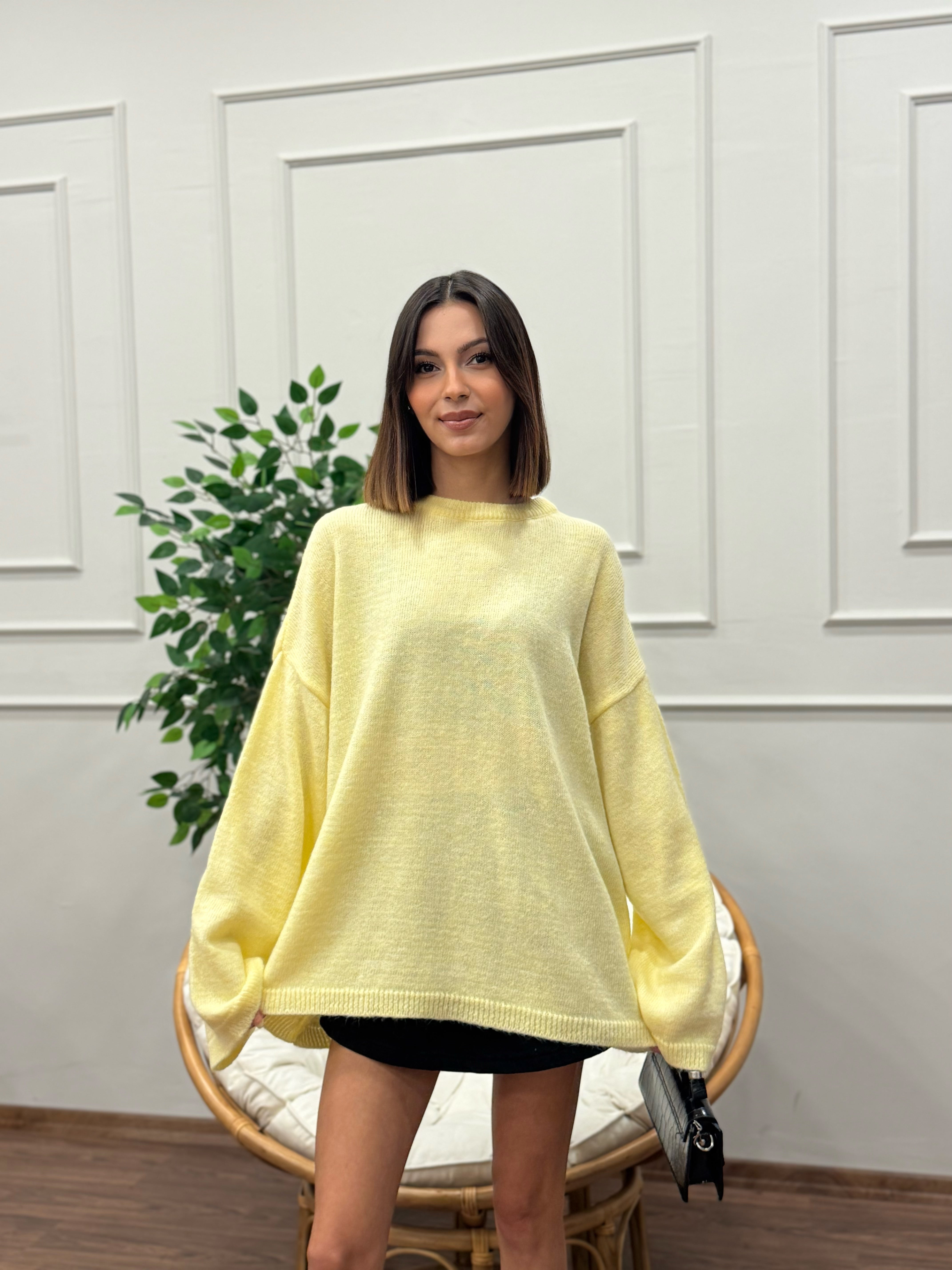 Oversize Bisiklet Yaka Pinterest Sarı Kazak