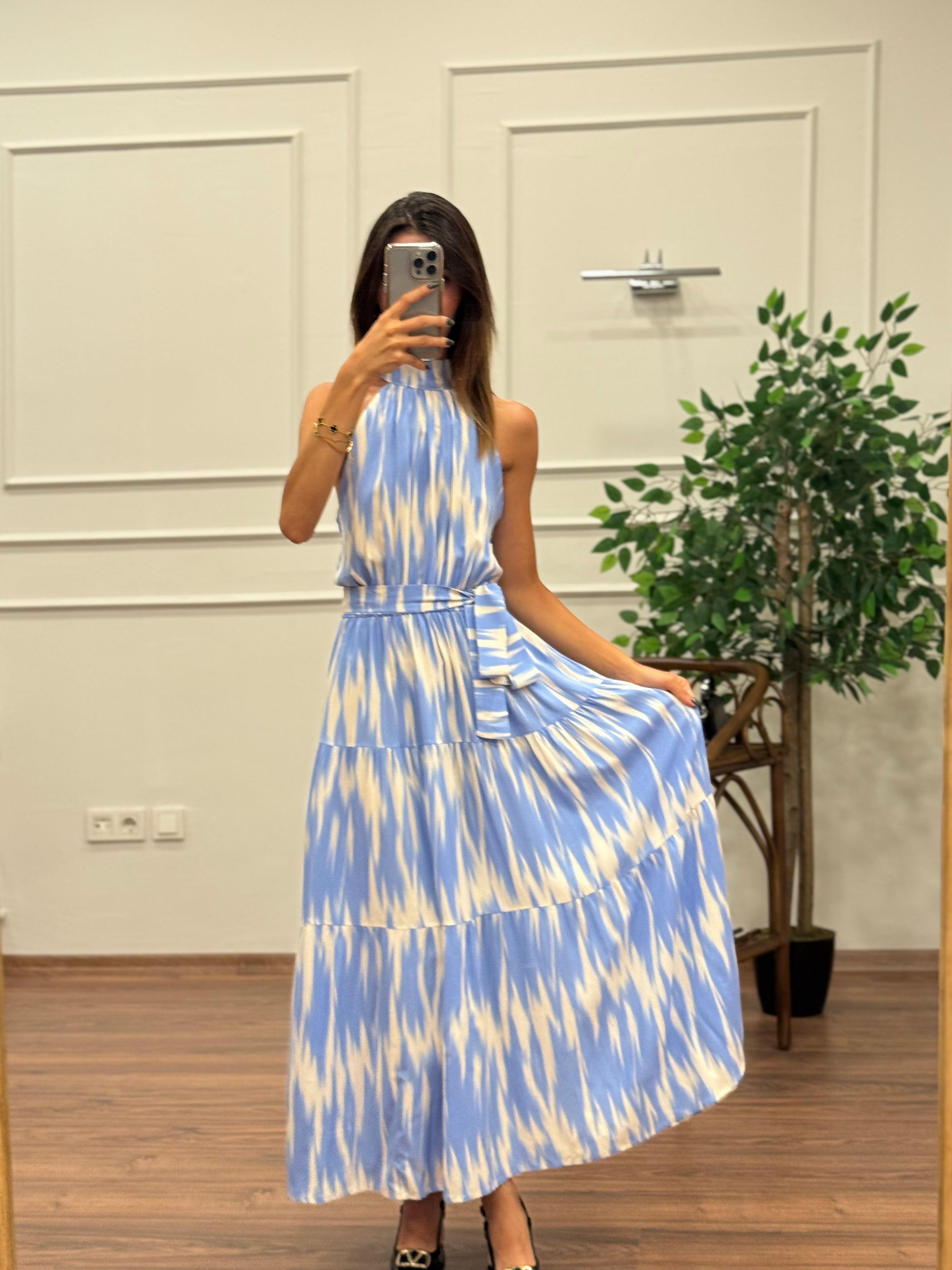 Viskon Kumaş Etnik Desen Bebe Mavi Elbise