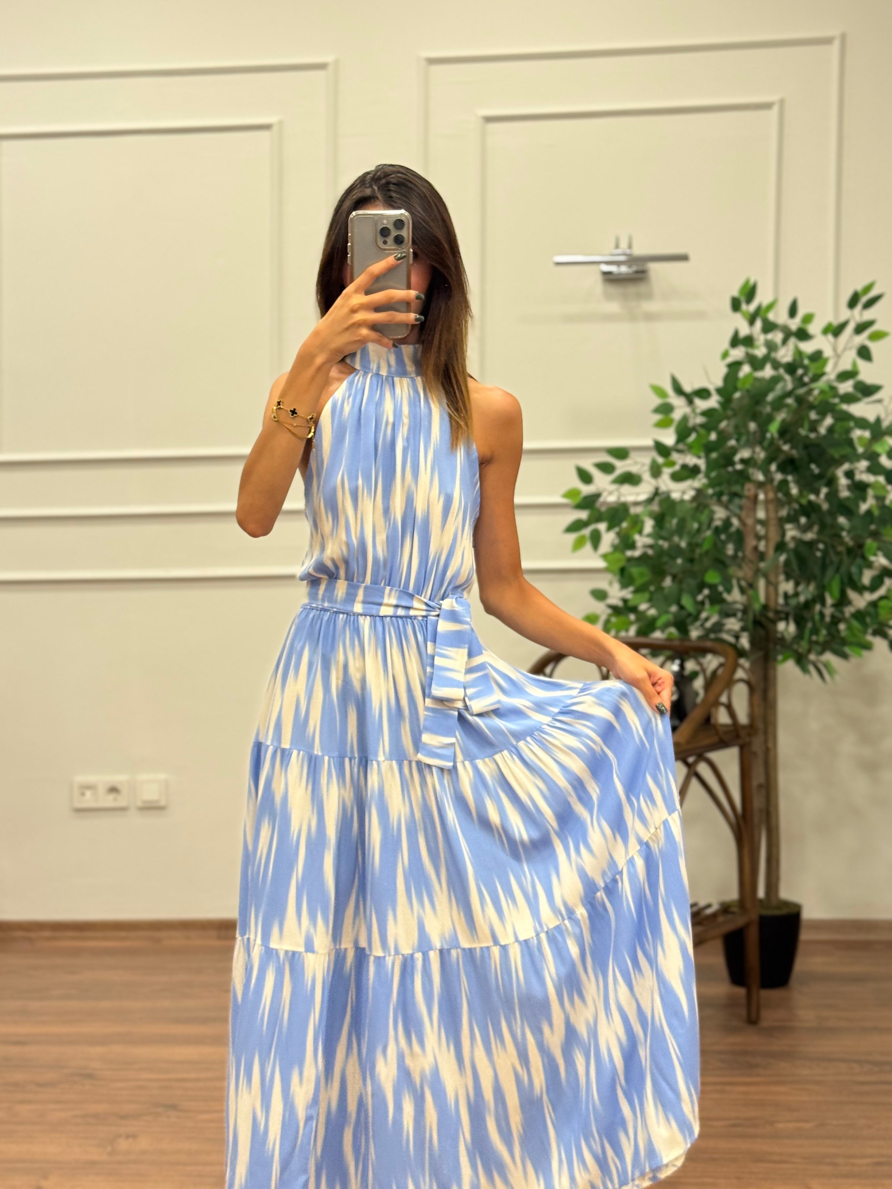 Viskon Kumaş Etnik Desen Bebe Mavi Elbise