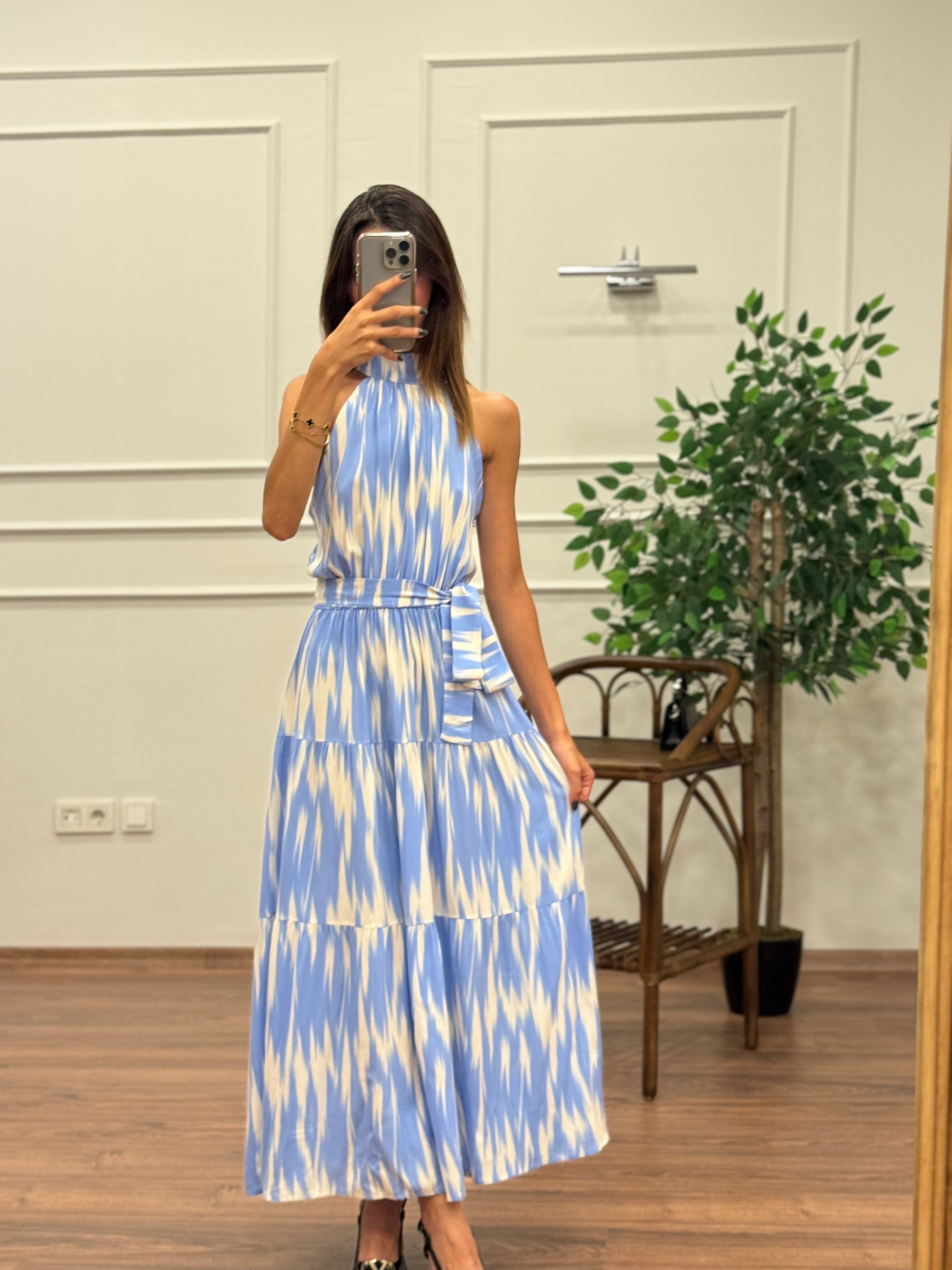 Viskon Kumaş Etnik Desen Bebe Mavi Elbise