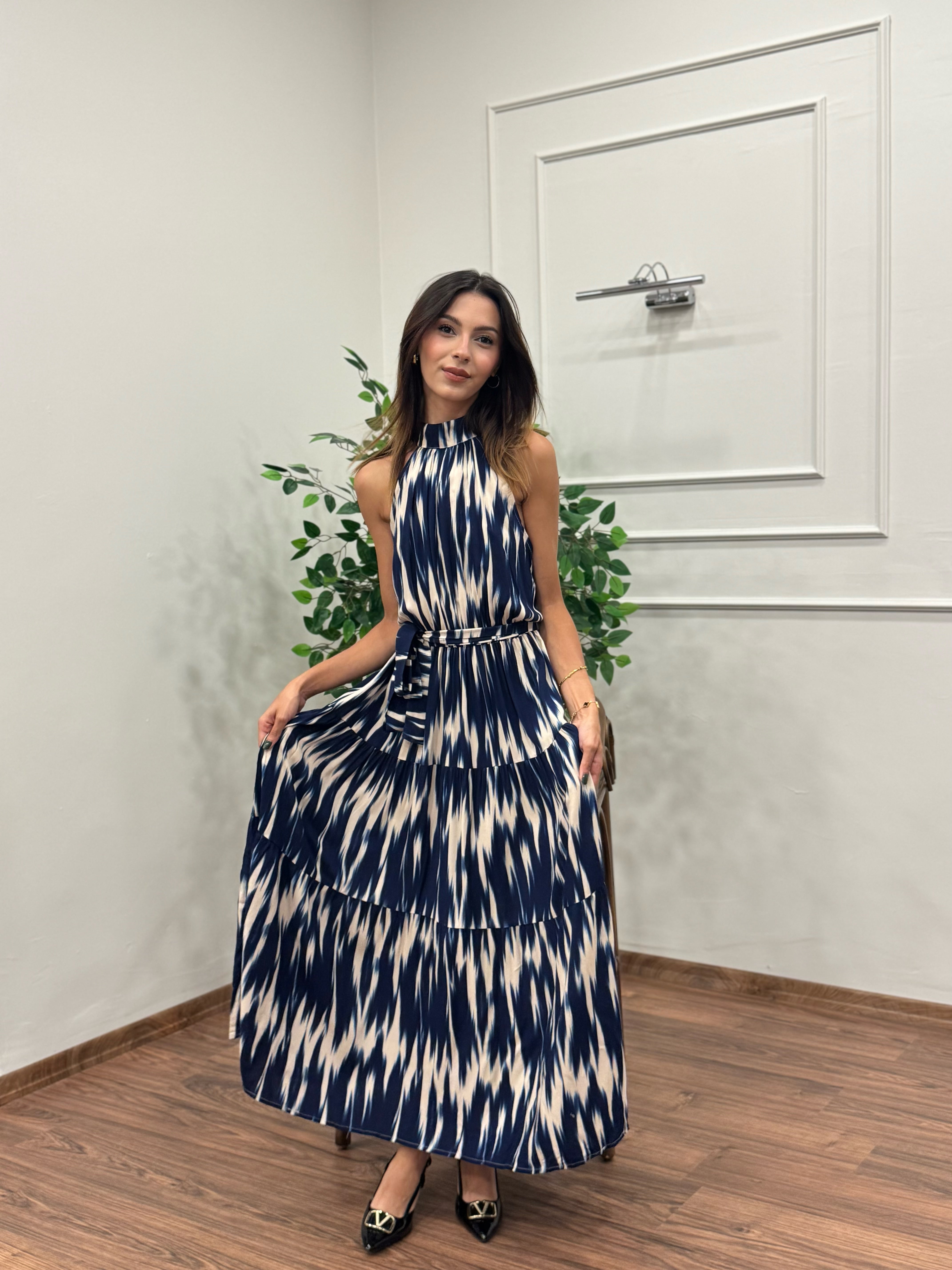 Viskon Kumaş Etnik Desen Lacivert Elbise