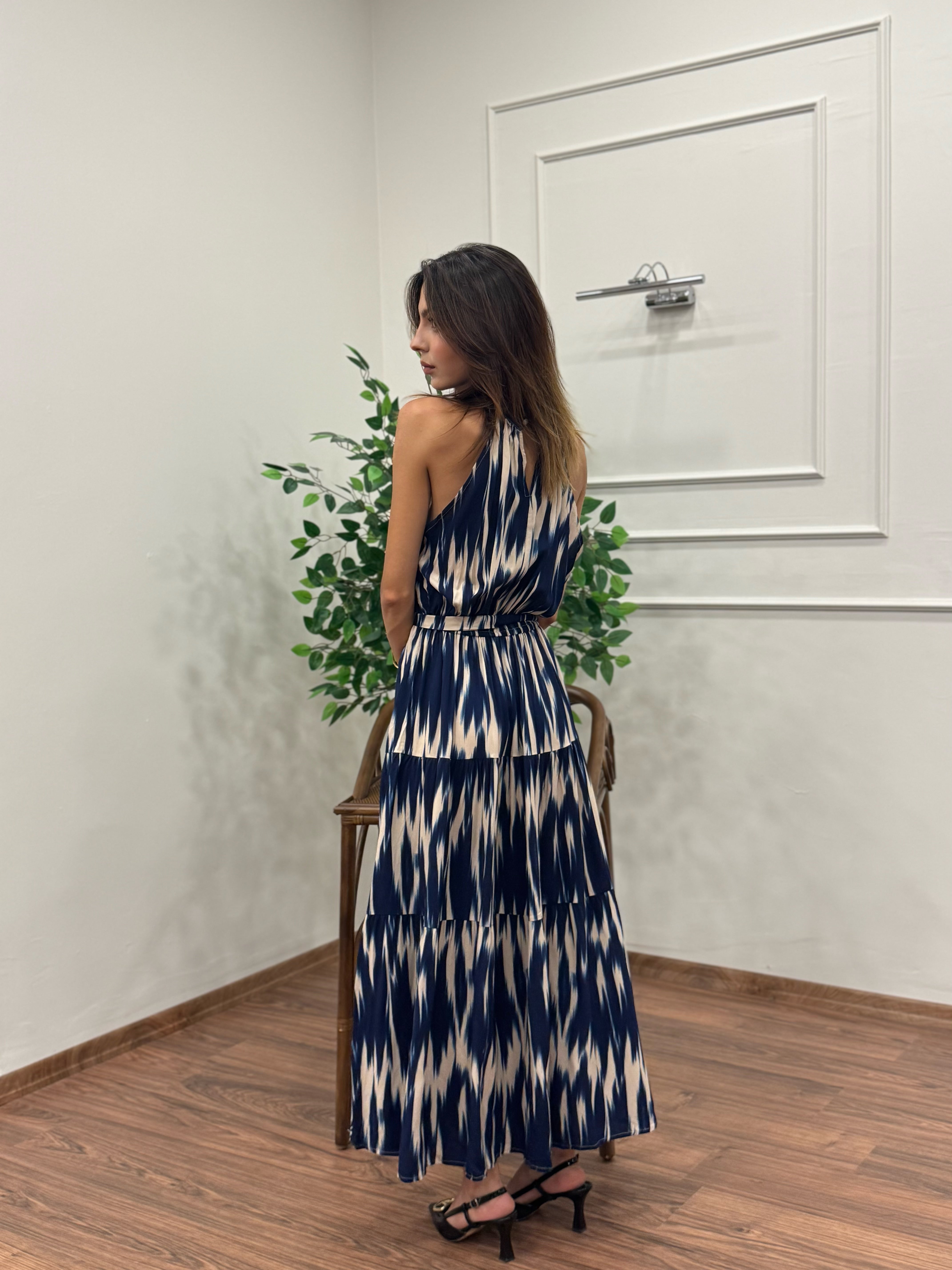 Viskon Kumaş Etnik Desen Lacivert Elbise