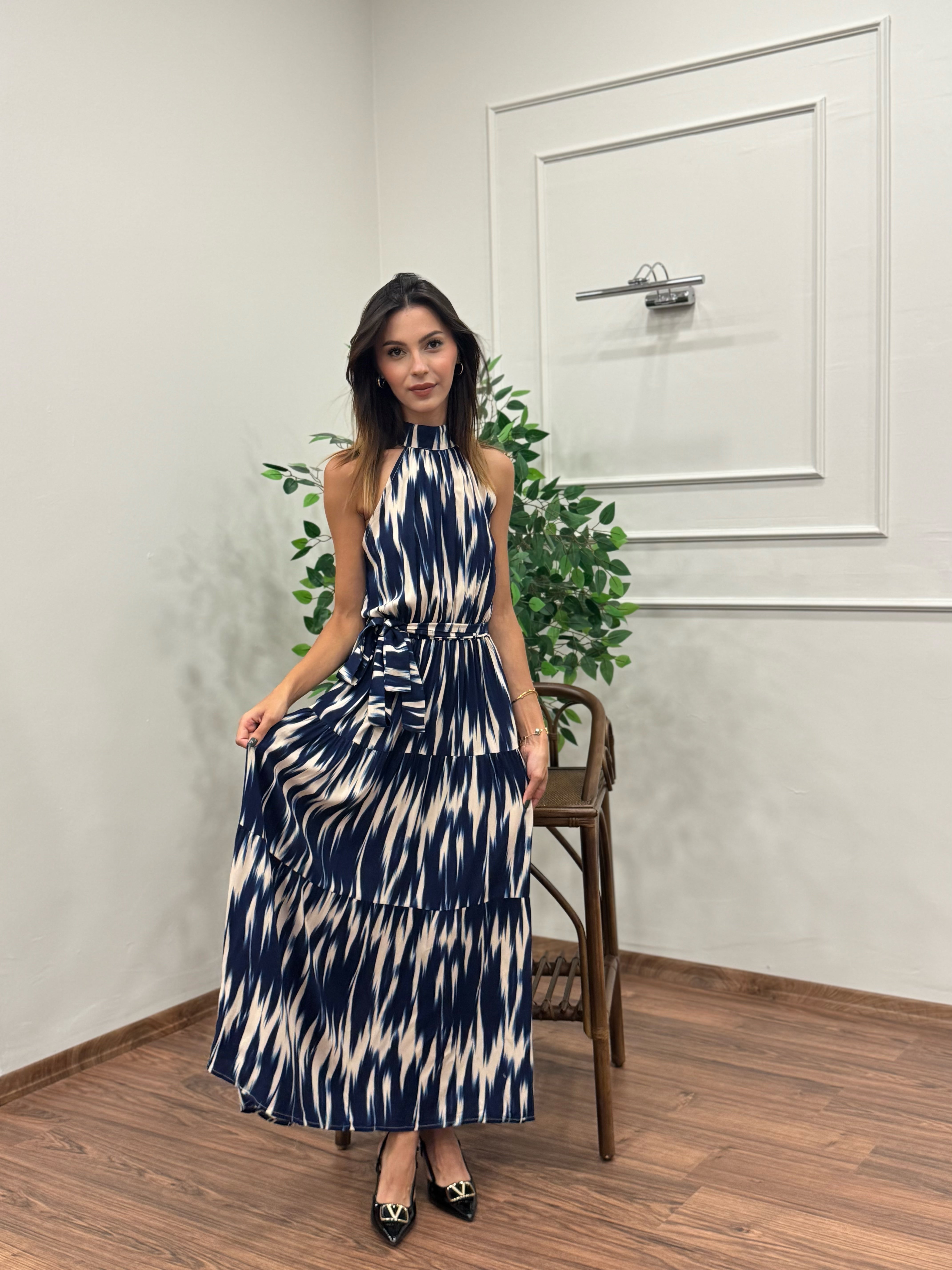 Viskon Kumaş Etnik Desen Lacivert Elbise