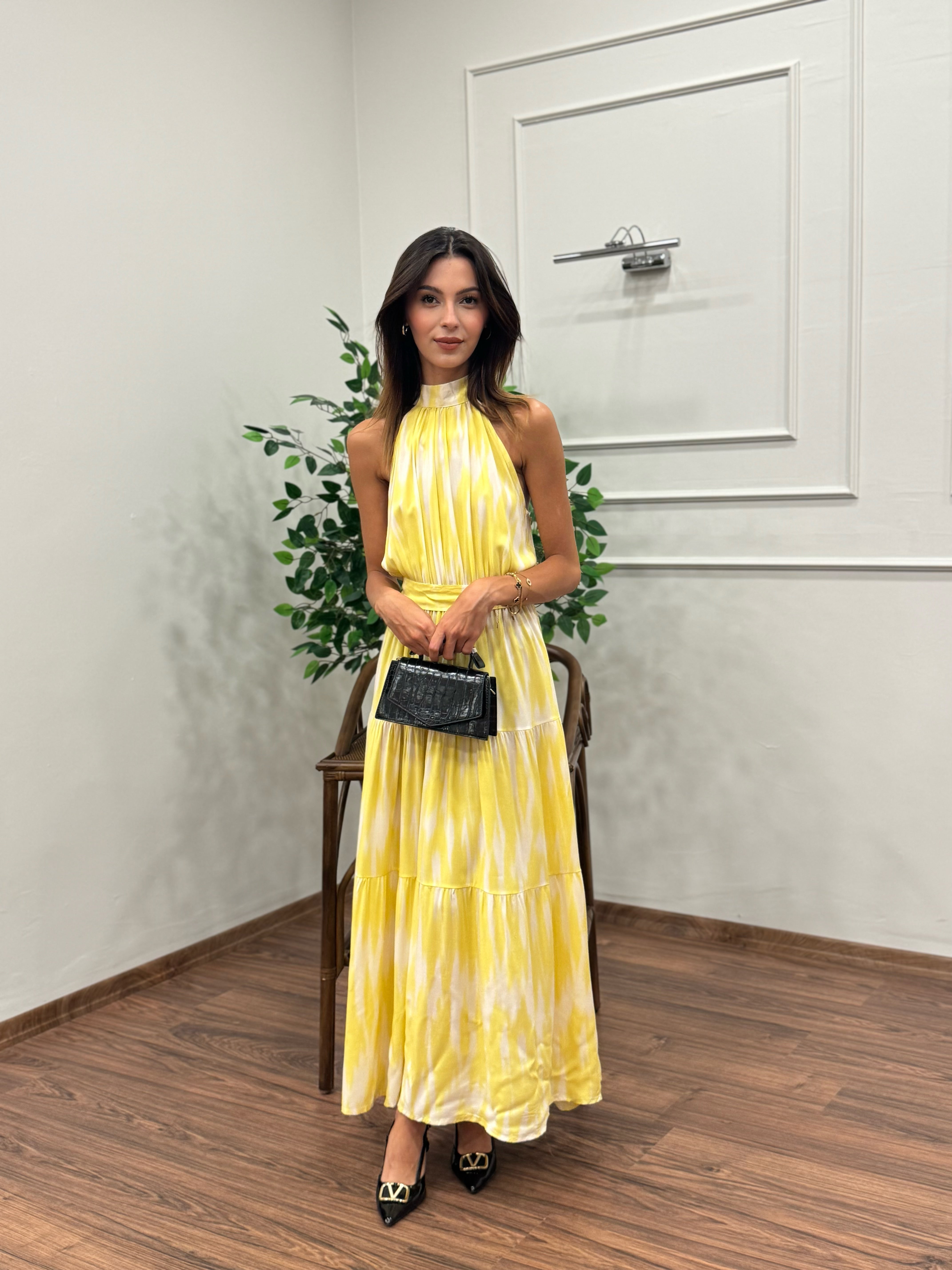 Viskon Kumaş Etnik Desen Sarı Elbise