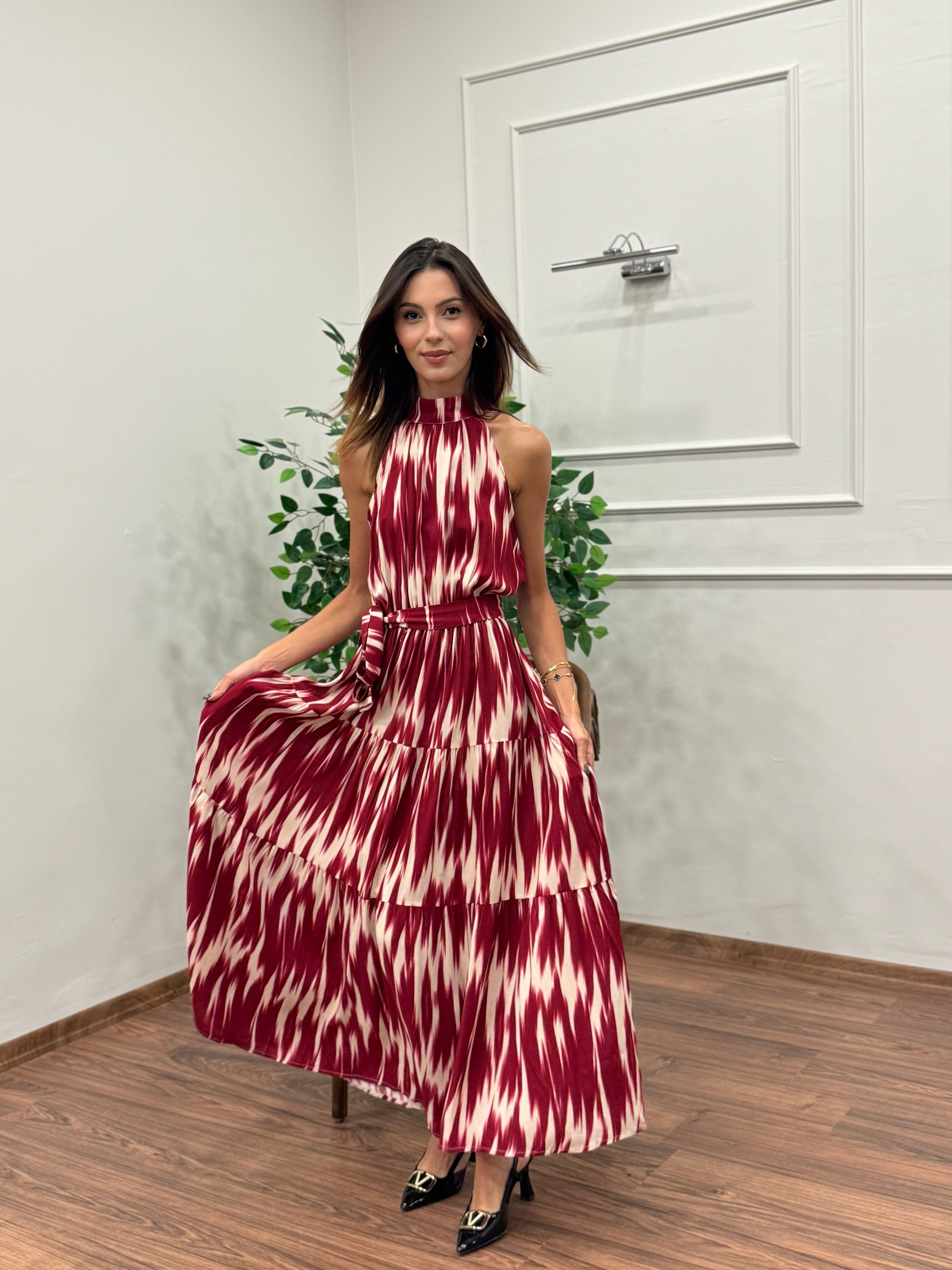 Viskon Kumaş Etnik Desen Bordo Elbise