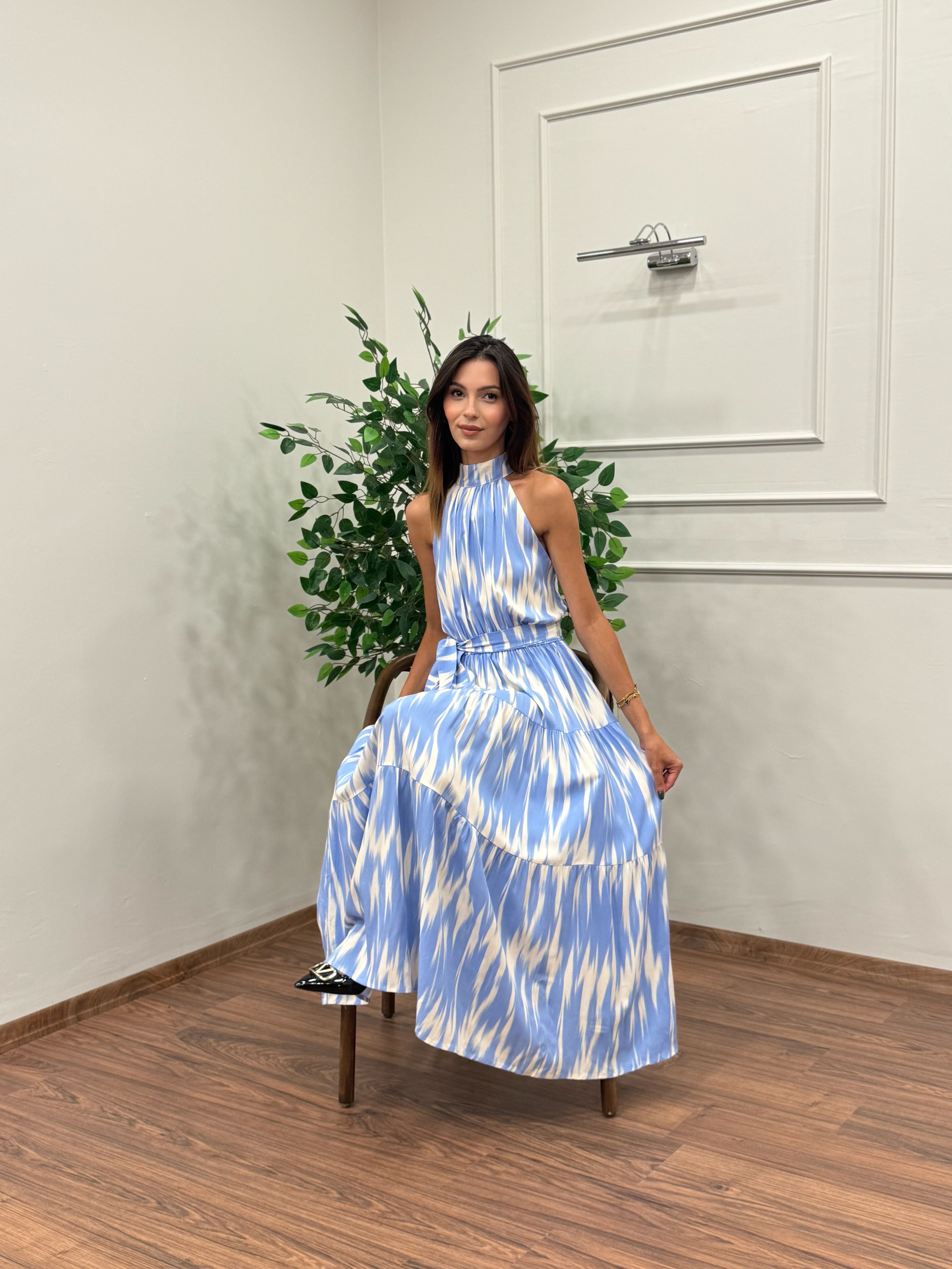 Viskon Kumaş Etnik Desen Bebe Mavi Elbise