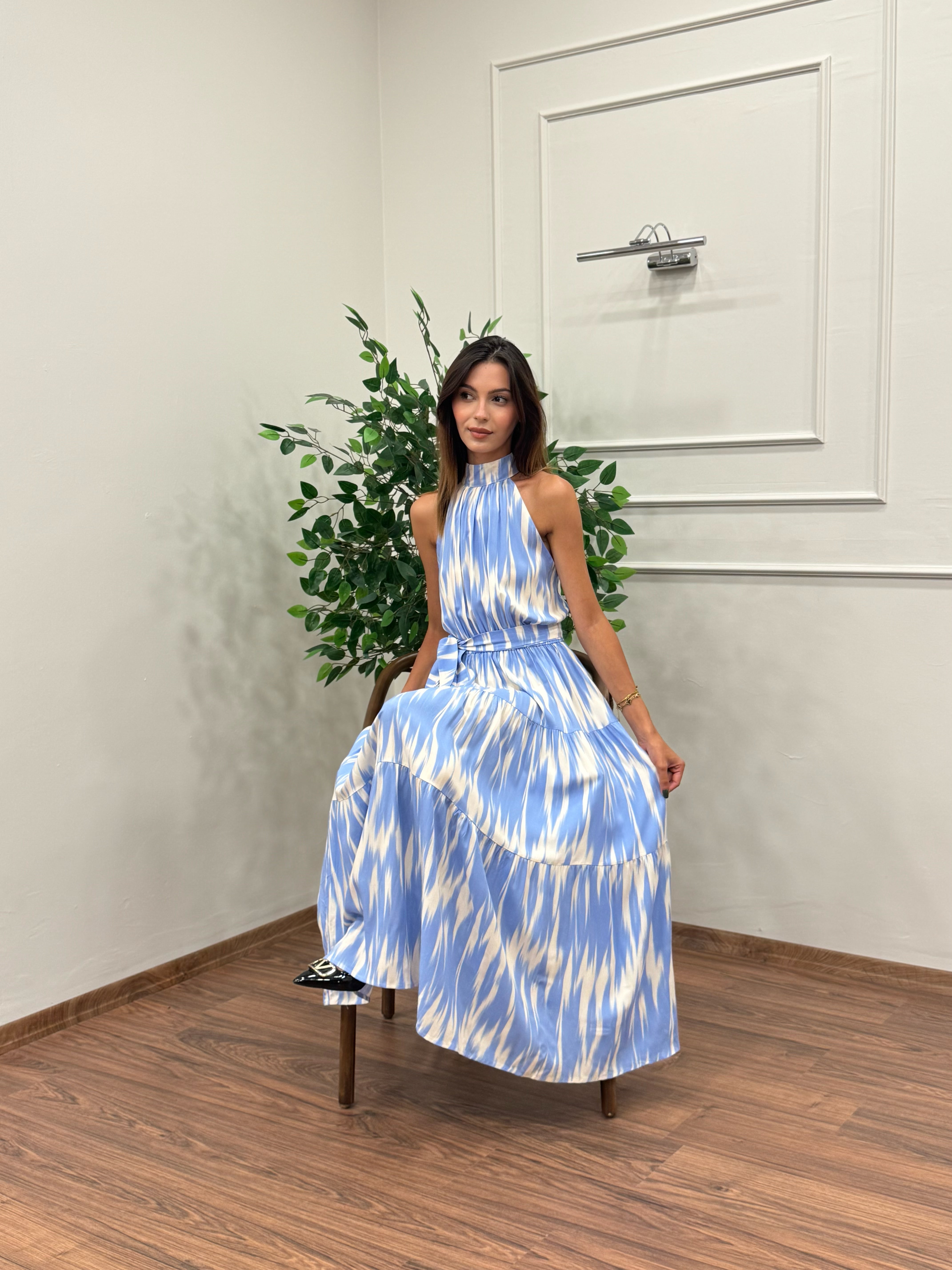 Viskon Kumaş Etnik Desen Bebe Mavi Elbise