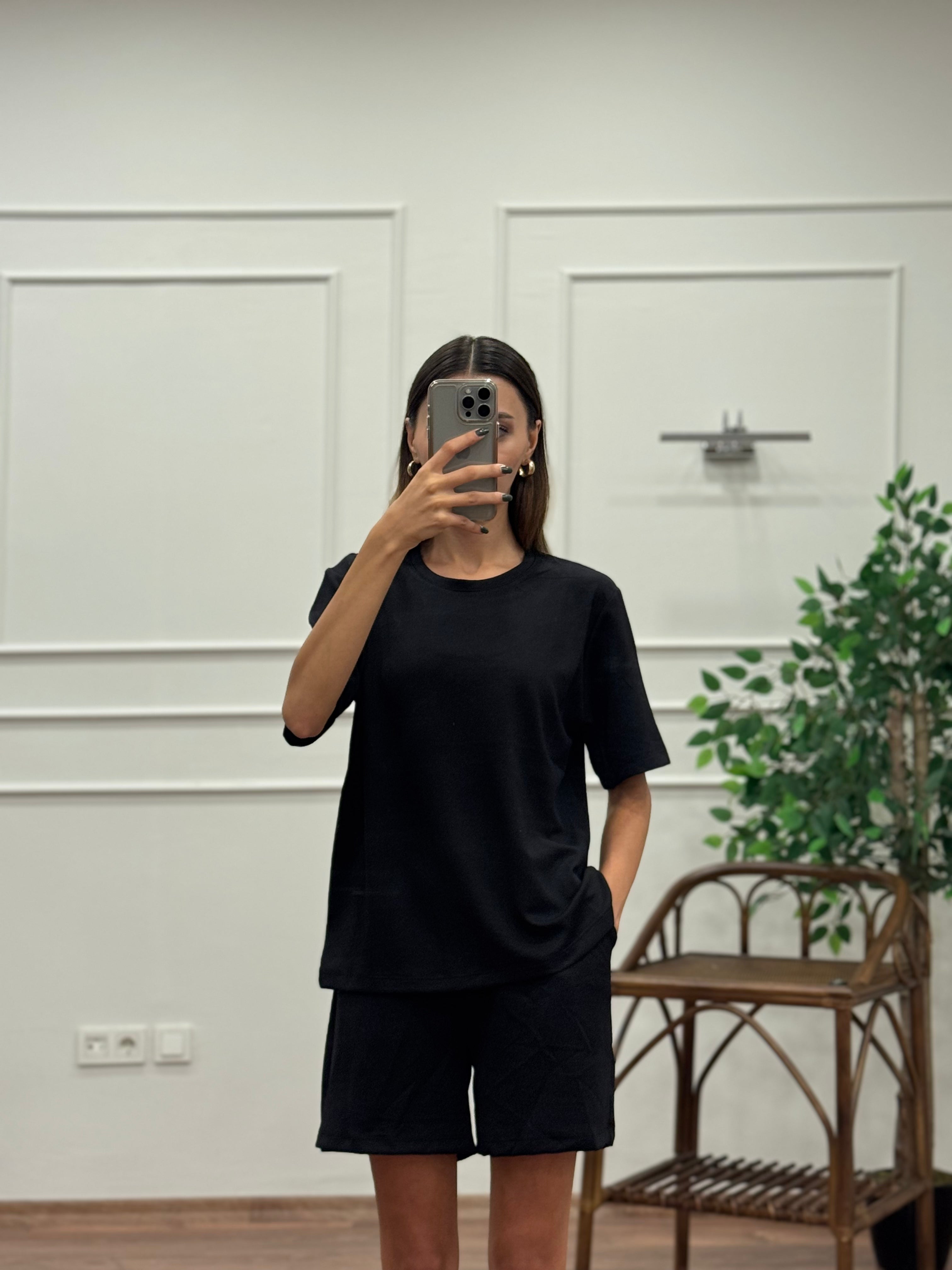 Modal Kumaş Oversize Bluz Şortlu Takım Siyah