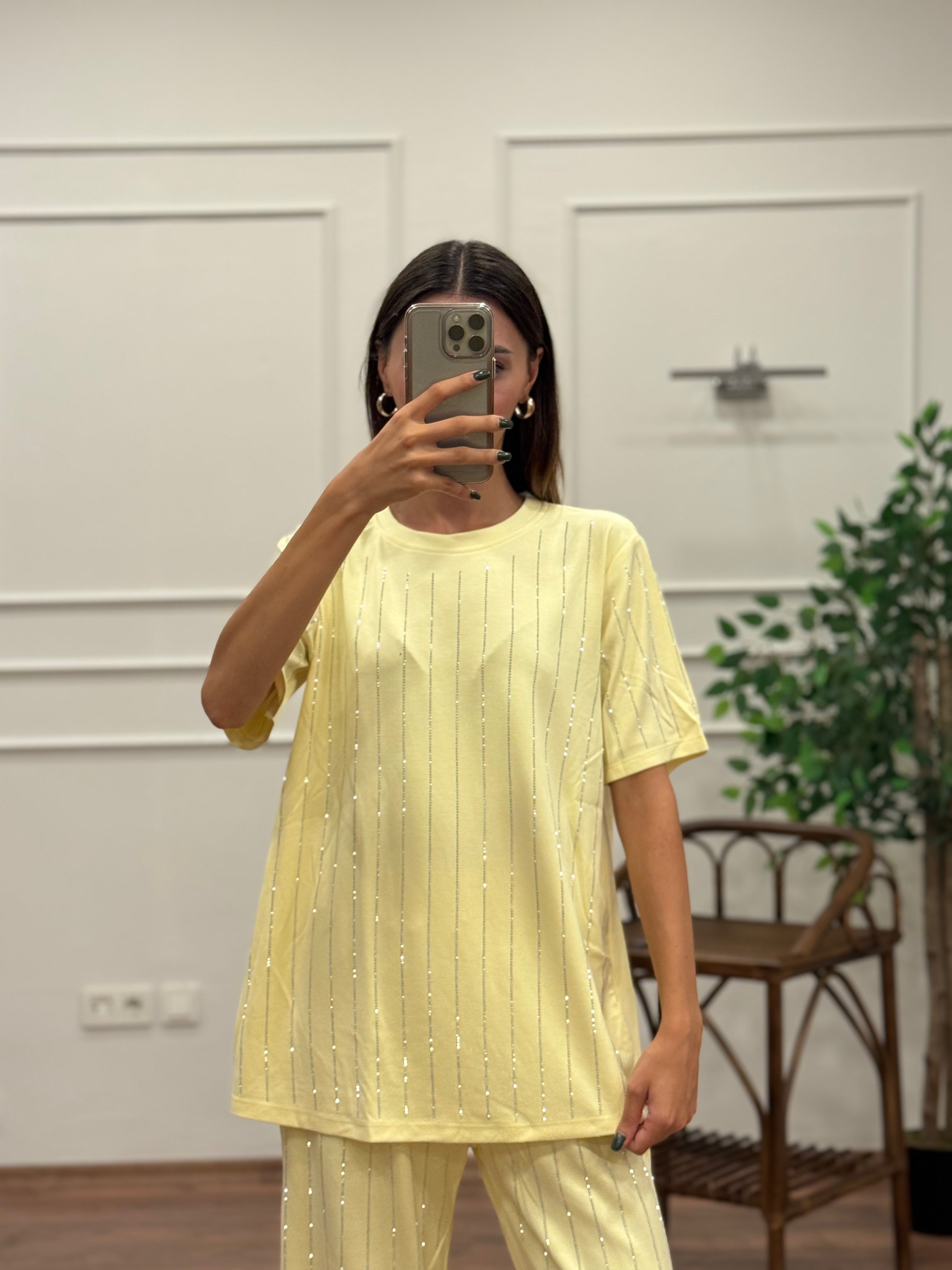 Oys Çizgi Desen Taş Baskı Sarı Bluz Pantolon Takım