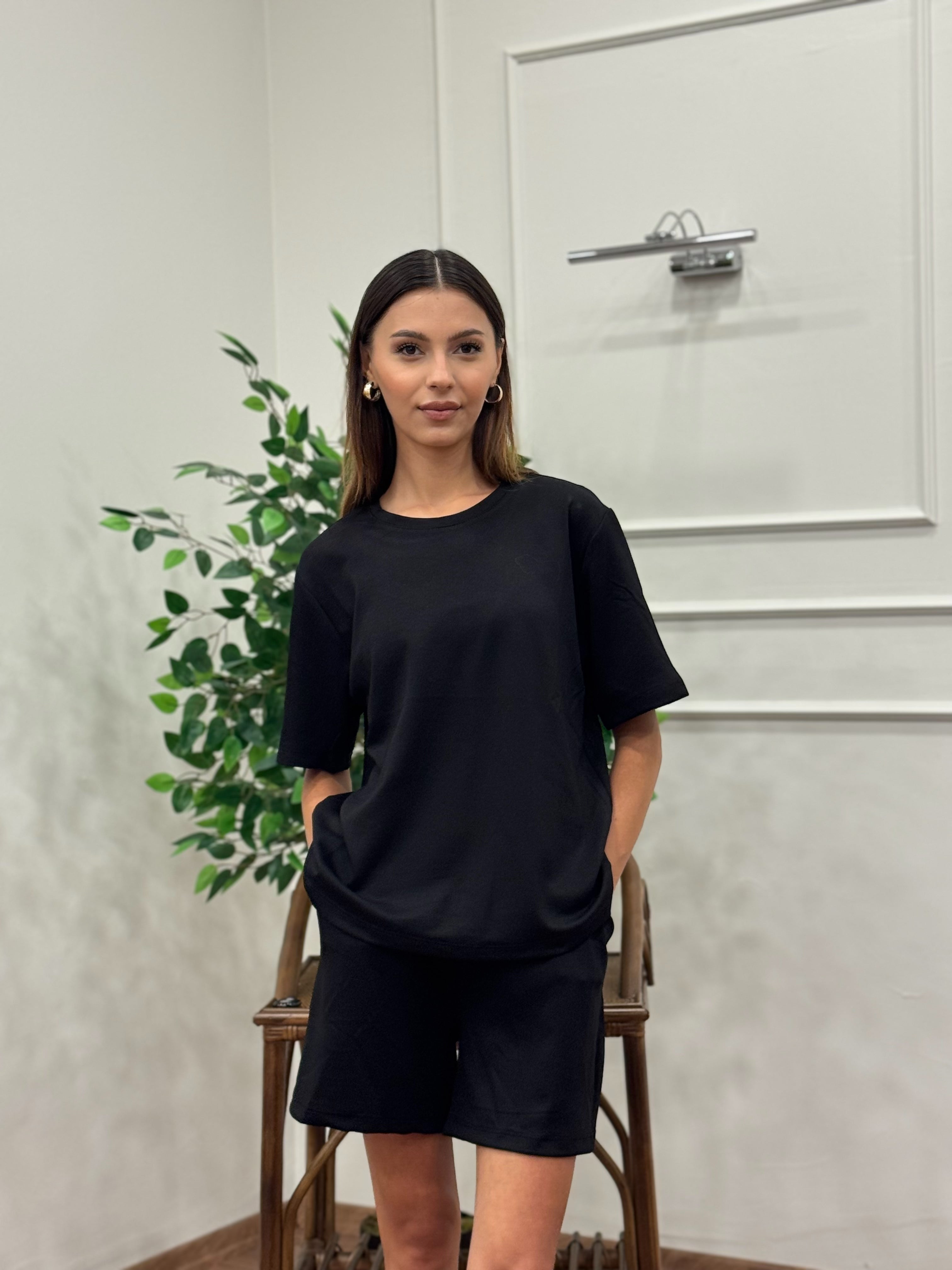 Modal Kumaş Oversize Bluz Şortlu Takım Siyah