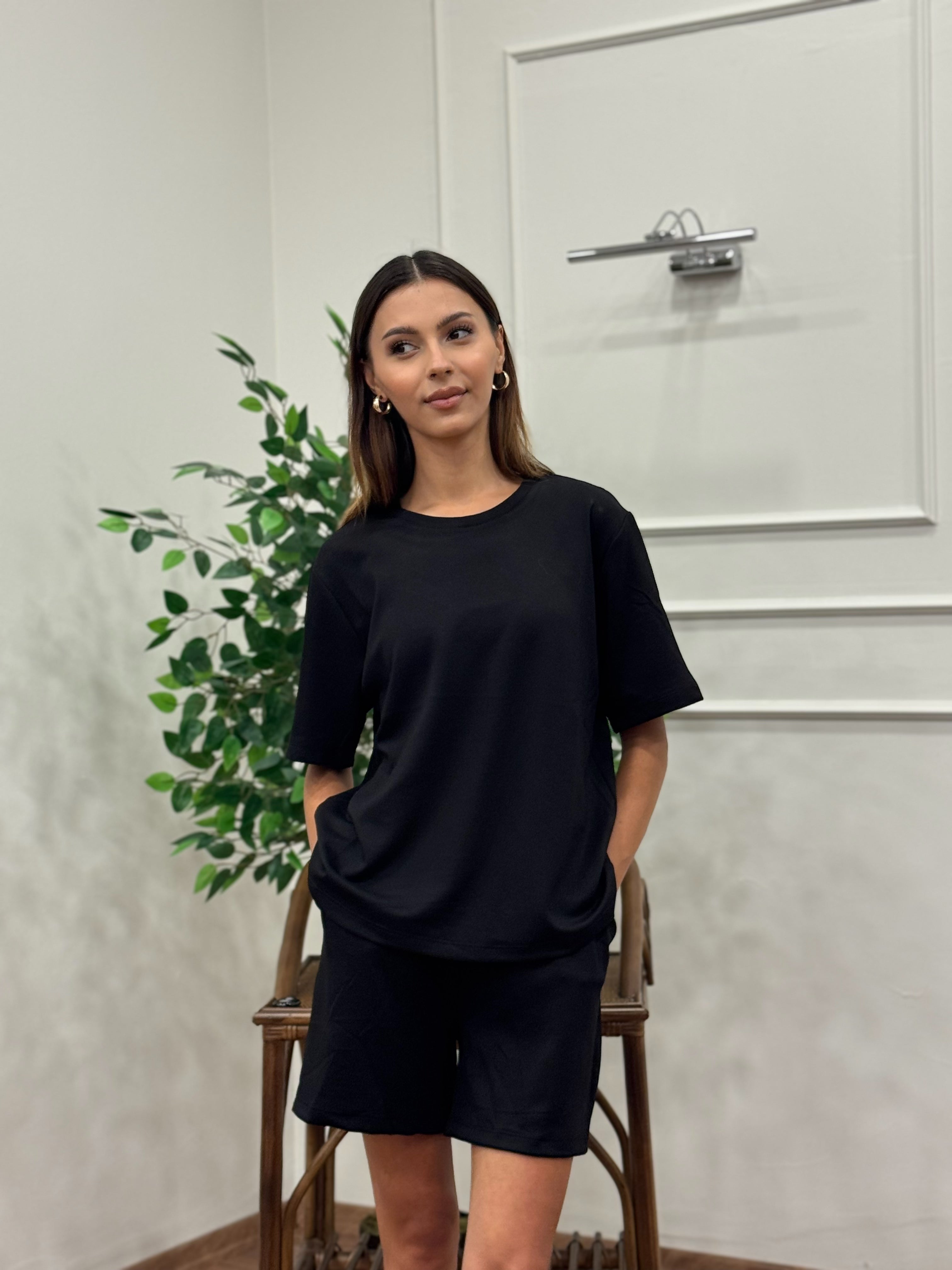 Modal Kumaş Oversize Bluz Şortlu Takım Siyah